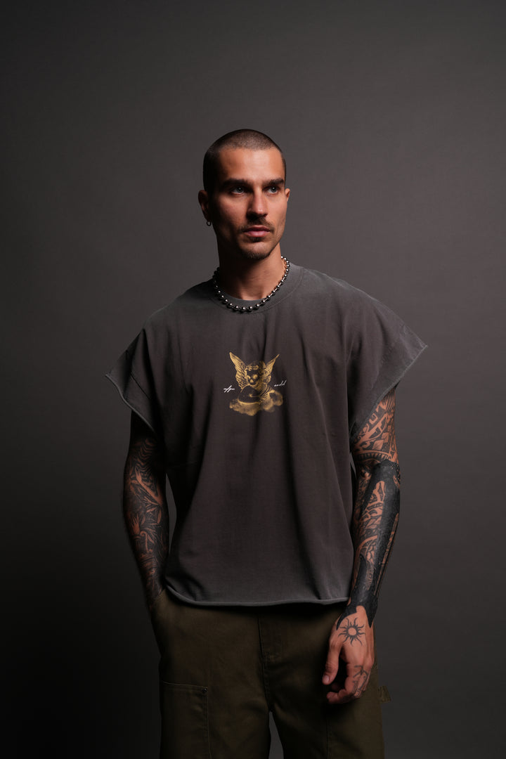 Watch Over Me Grunge Cut-Off Tee in Wolf Gray