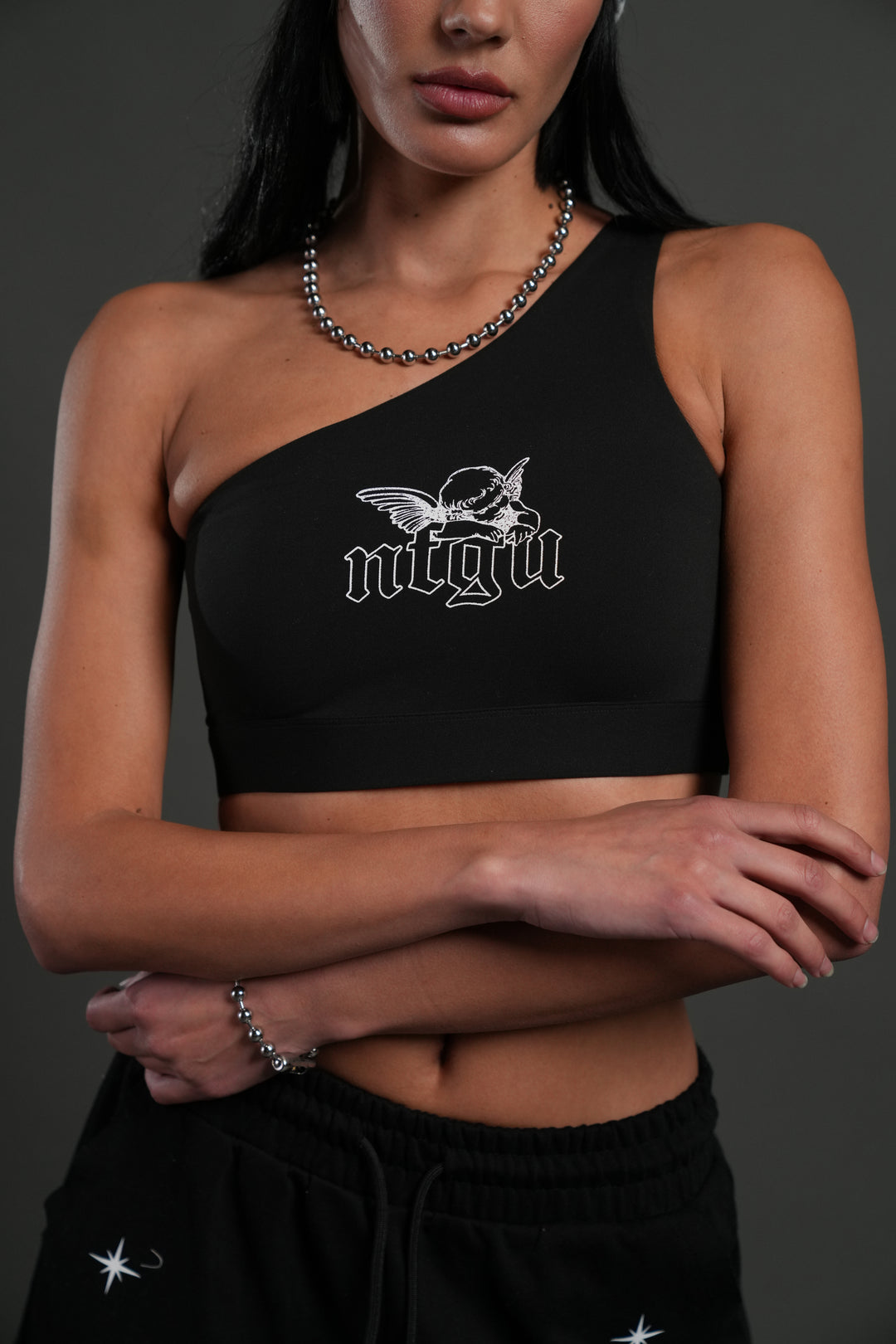 Cherub NFGU One Shoulder Sports Bra in Black