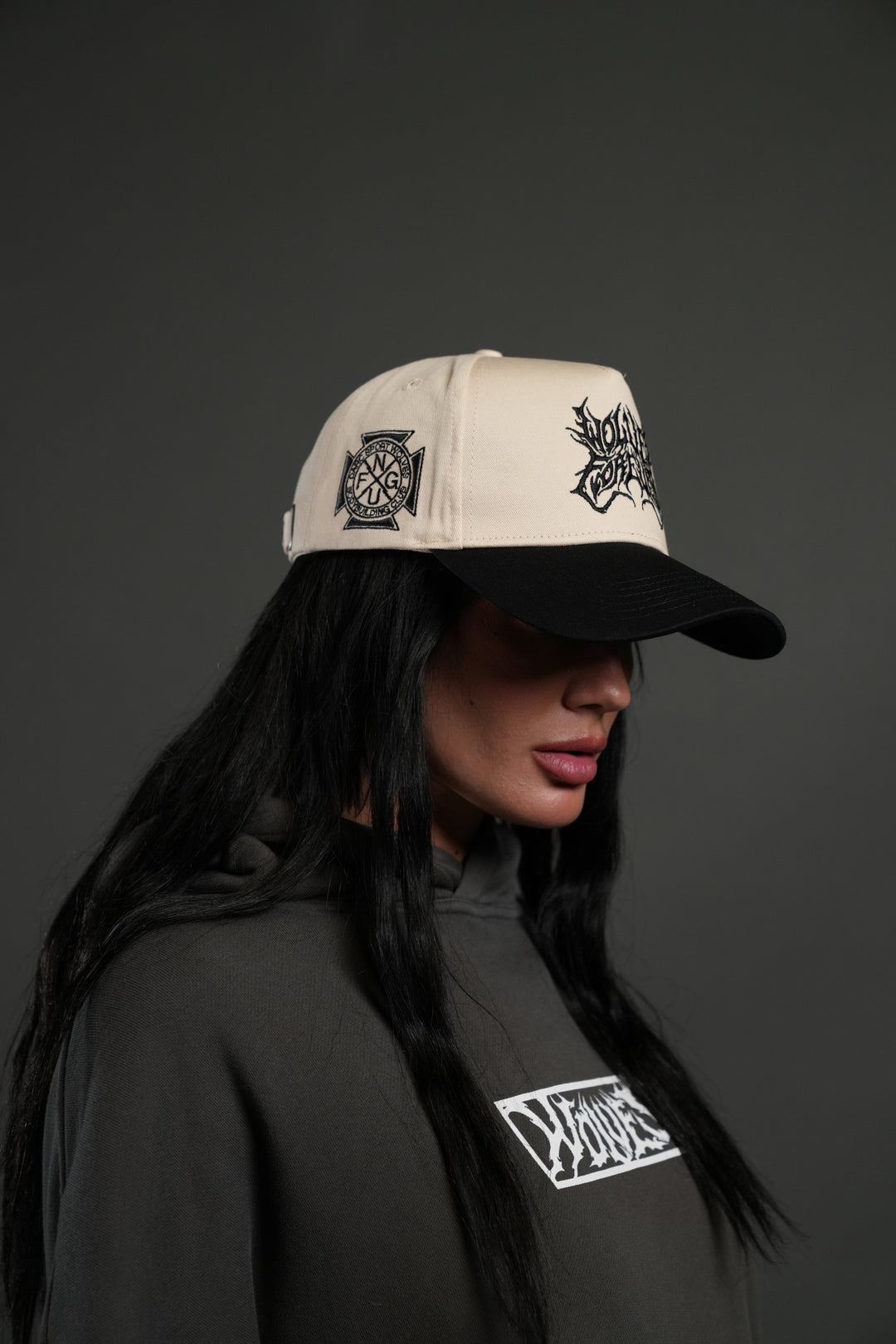 Sheer Loyalty 5 Panel Hat in Cream/Black