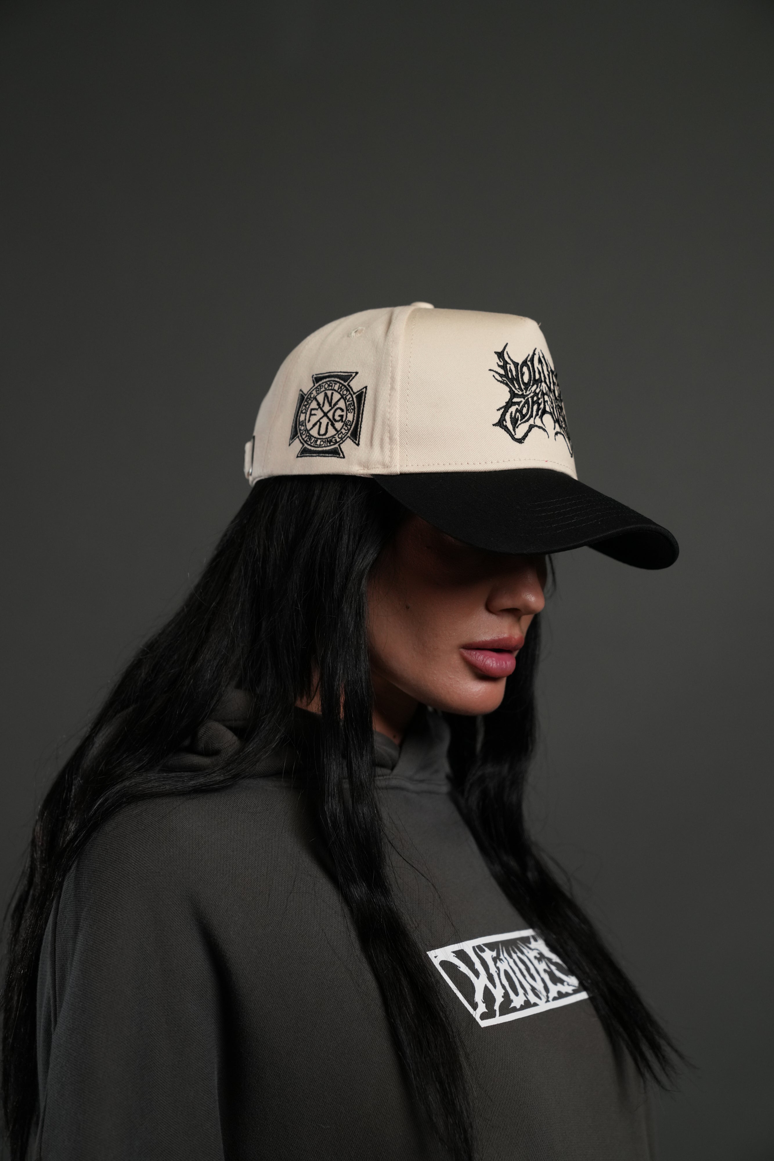 Sheer Loyalty 5 Panel Hat in Cream/Black