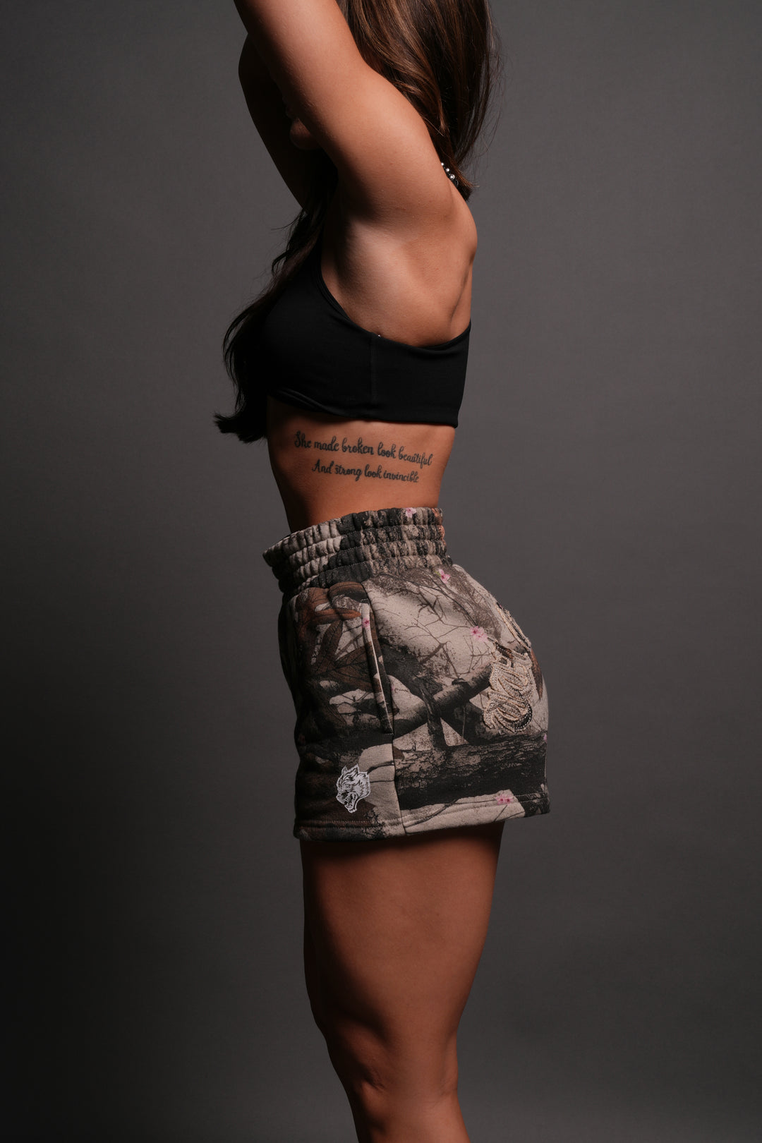 Chopper Appliqué Everson Sweat Shorts in Cherry Blossom Woodland Camo