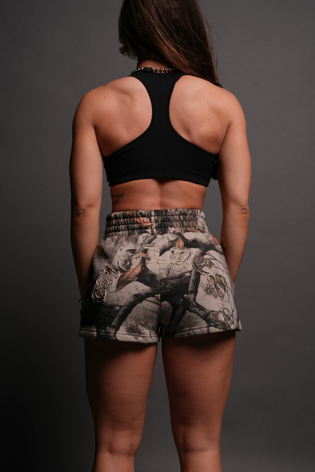 Chopper Appliqué Everson Sweat Shorts in Cherry Blossom Woodland Camo