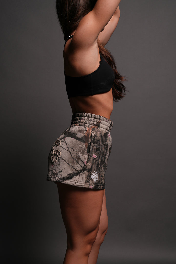 Chopper Appliqué Everson Sweat Shorts in Cherry Blossom Woodland Camo
