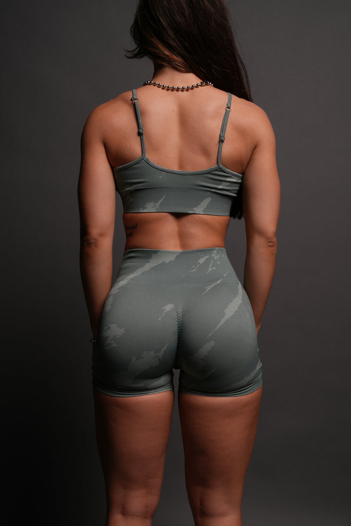 Dual Wolf Everson Seamless "Training" Shorts in Hunter Green Native Camo