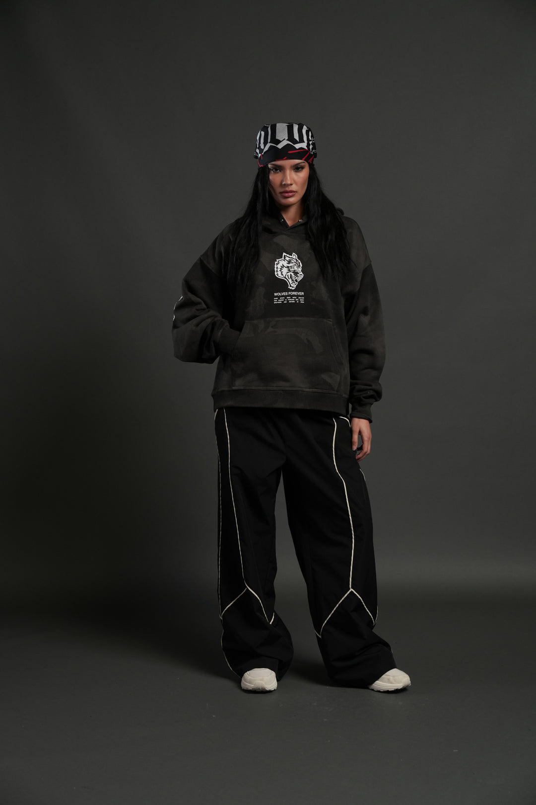 Wolves Have Your Back Unisex "Box Cut" Pierce Hoodie in Black Vintage Woodland Camo