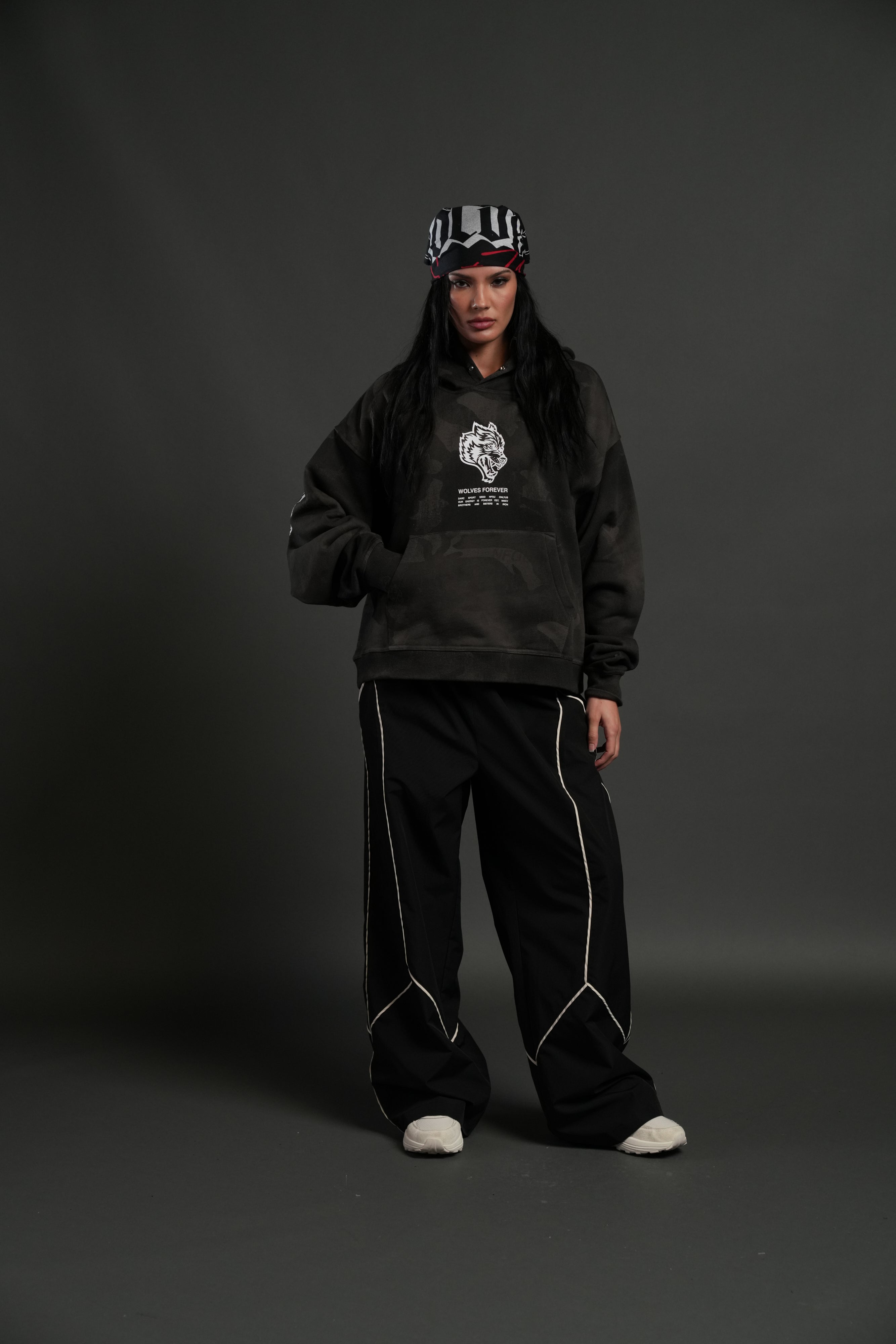 Wolves Have Your Back Unisex "Box Cut" Pierce Hoodie in Black Vintage Woodland Camo