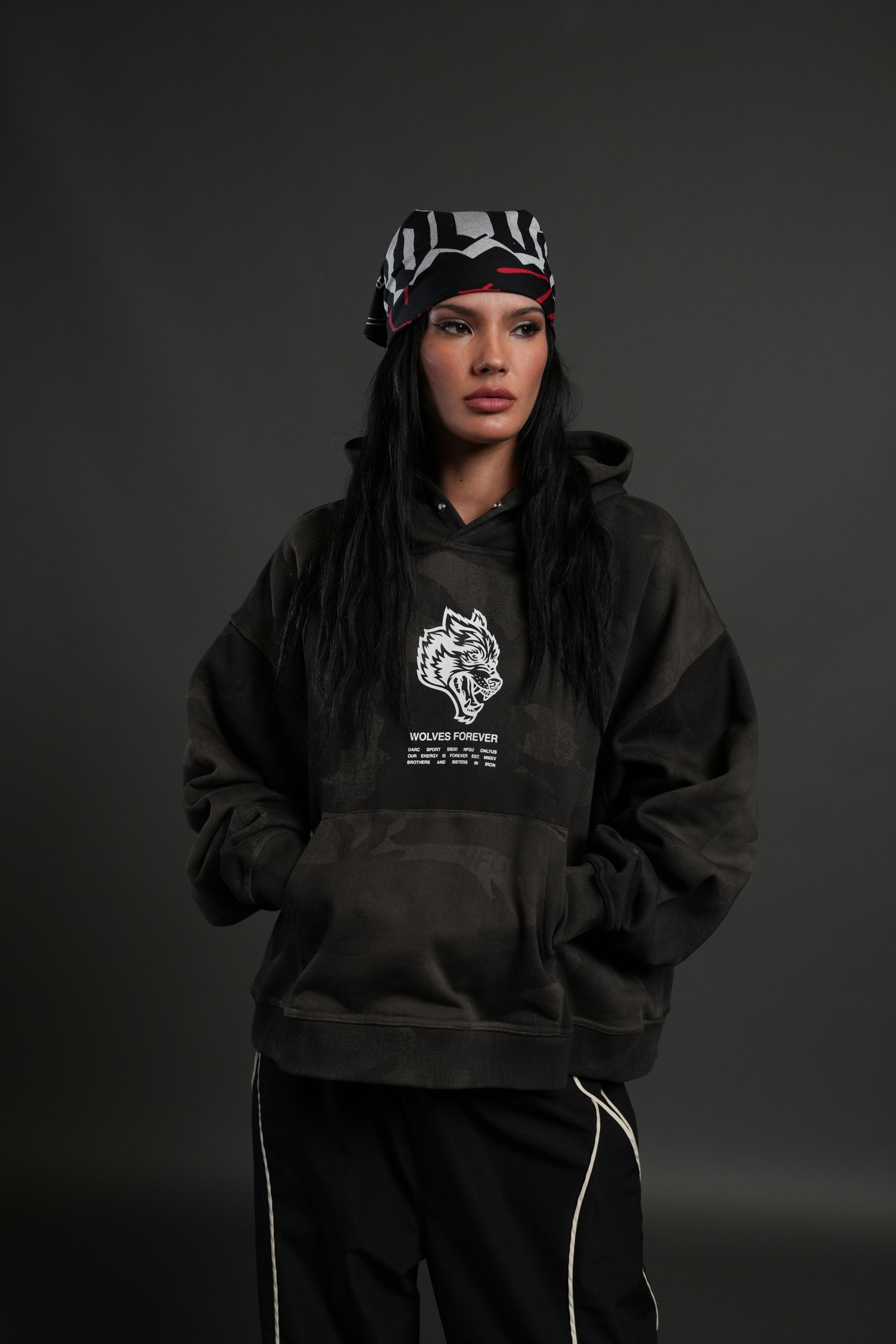 Wolves Have Your Back Unisex "Box Cut" Pierce Hoodie in Black Vintage Woodland Camo