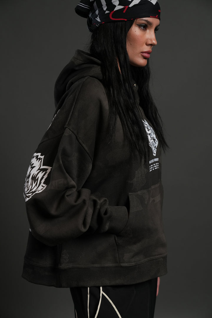 Wolves Have Your Back Unisex "Box Cut" Pierce Hoodie in Black Vintage Woodland Camo