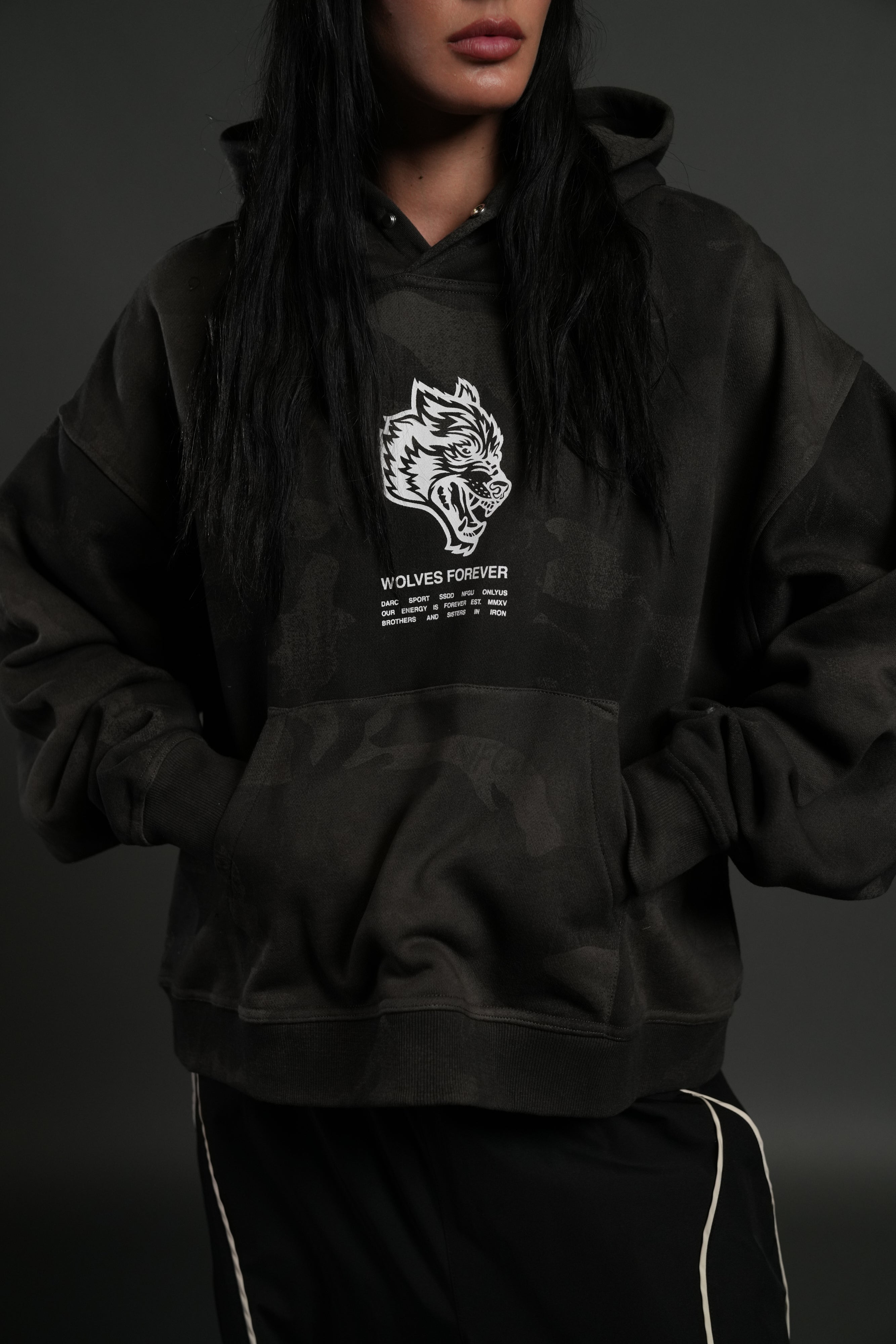 Wolves Have Your Back Unisex "Box Cut" Pierce Hoodie in Black Vintage Woodland Camo