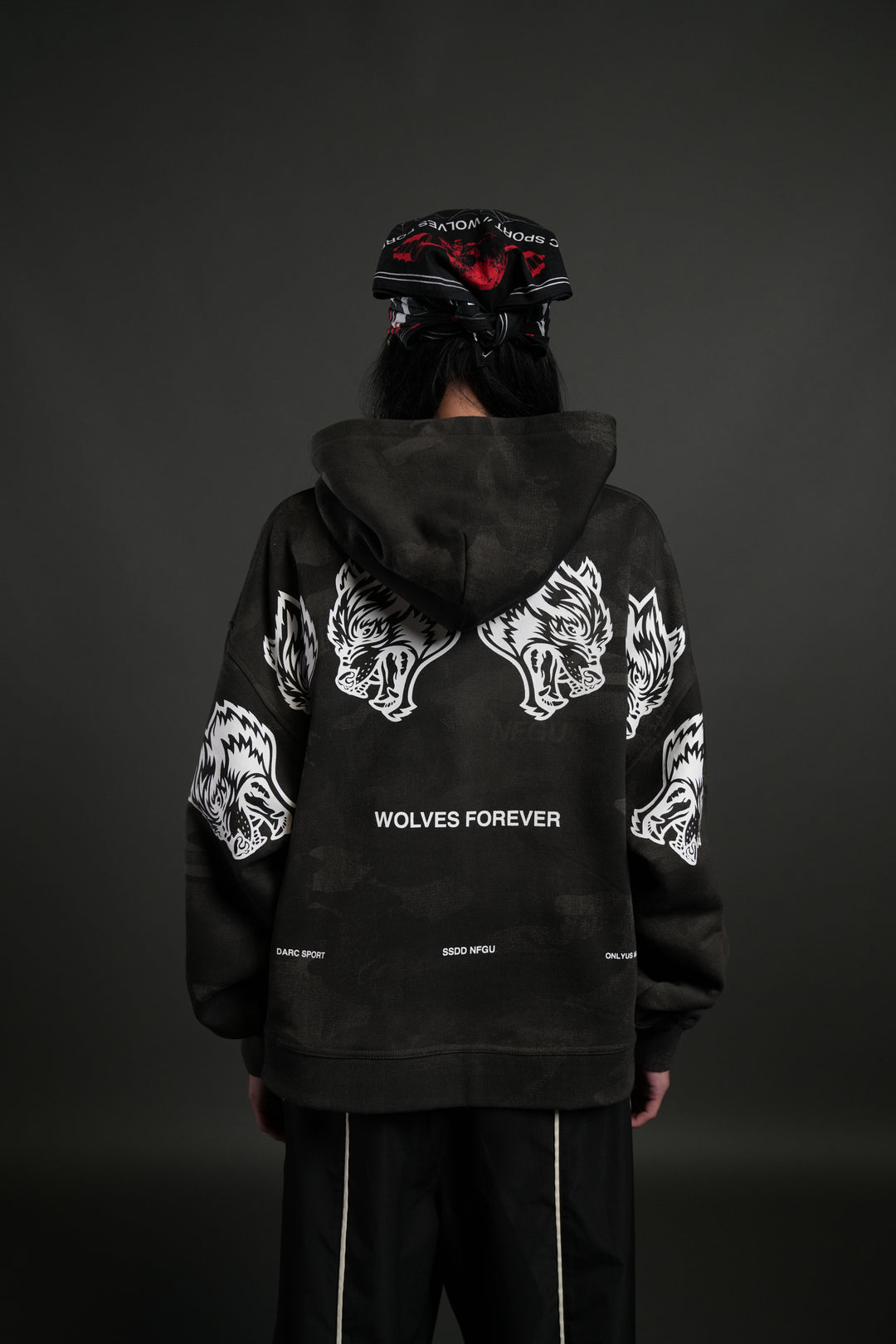 Wolves Have Your Back Unisex "Box Cut" Pierce Hoodie in Black Vintage Woodland Camo