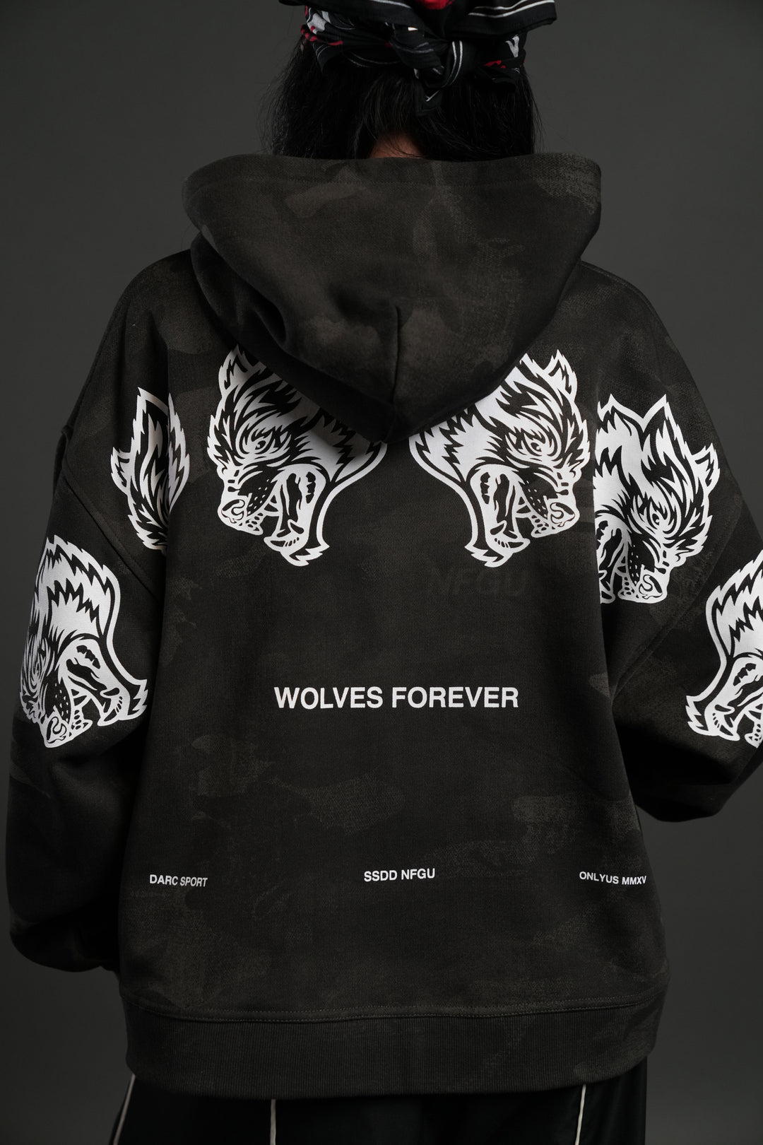 Wolves Have Your Back Unisex "Box Cut" Pierce Hoodie in Black Vintage Woodland Camo