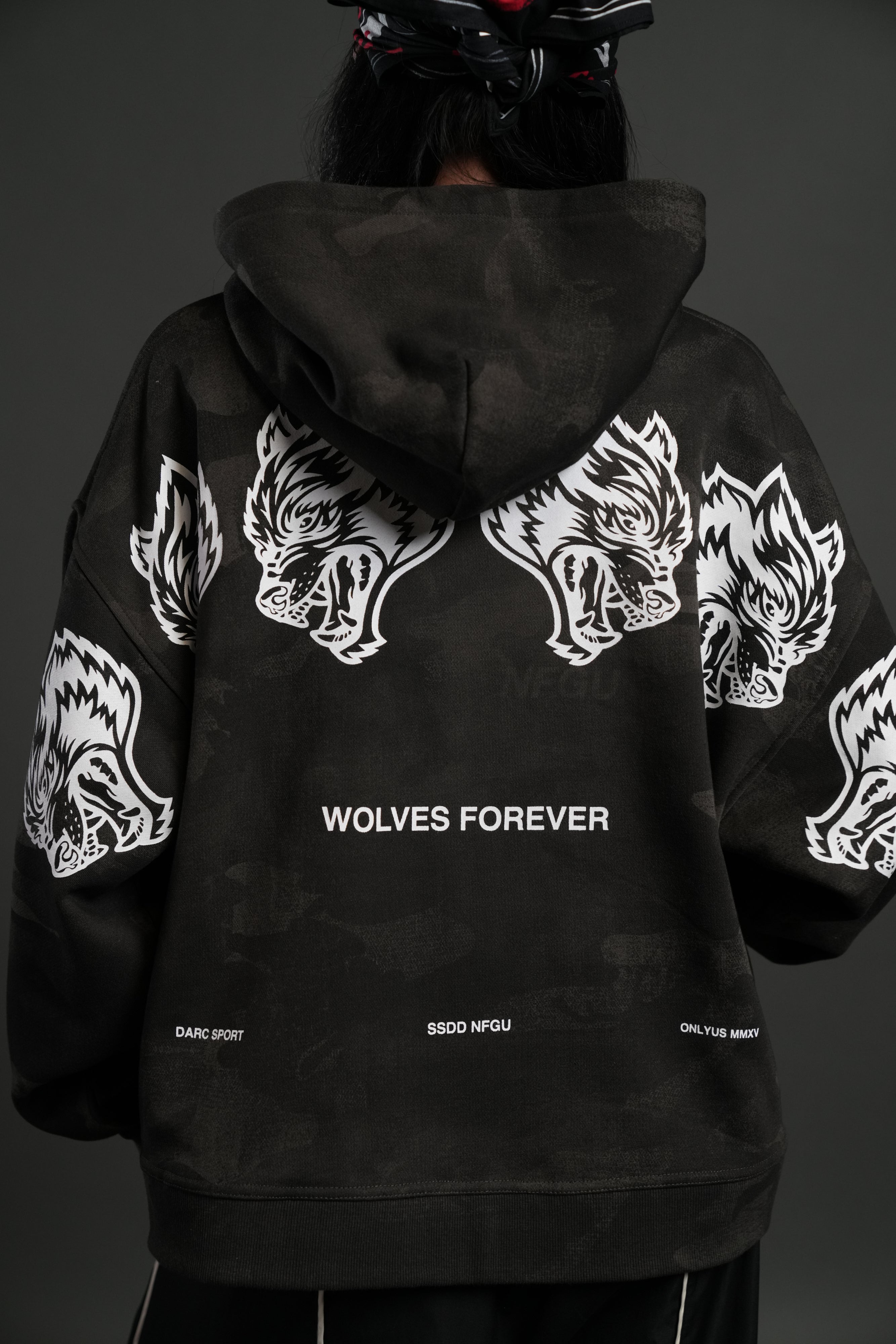 Wolves Have Your Back Unisex "Box Cut" Pierce Hoodie in Black Vintage Woodland Camo
