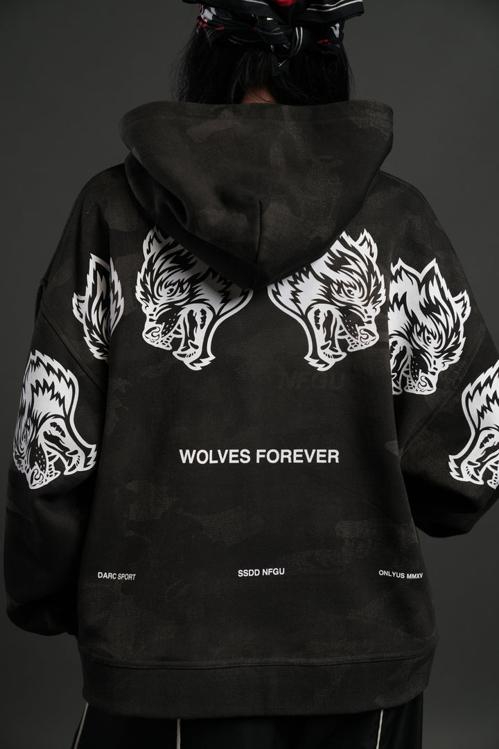 Wolves Have Your Back Unisex "Box Cut" Pierce Hoodie in Black Vintage Woodland Camo