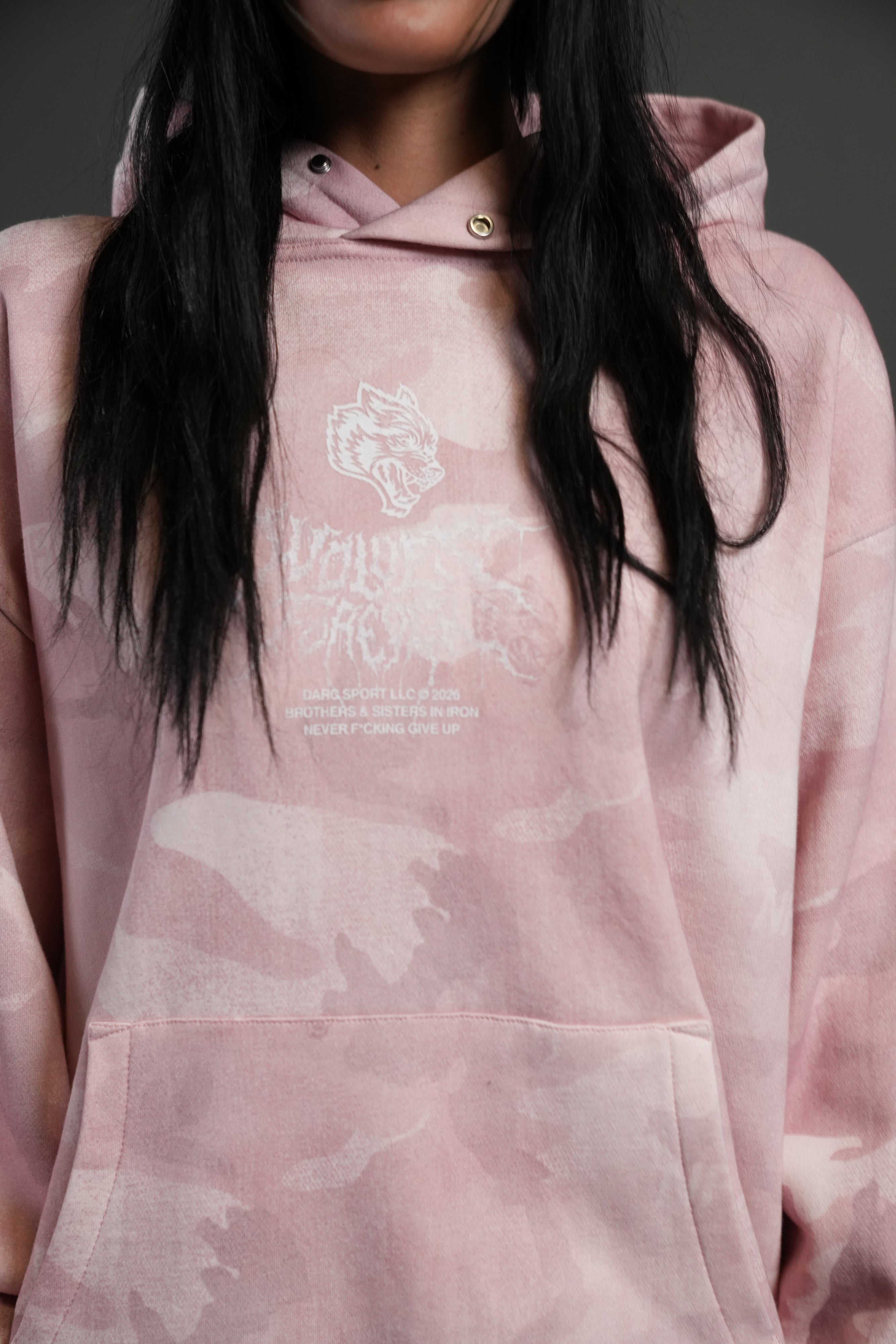 Drip Hesh WLVS FRVR Unisex "Pierce" Hoodie in Blush Vintage Woodland Camo