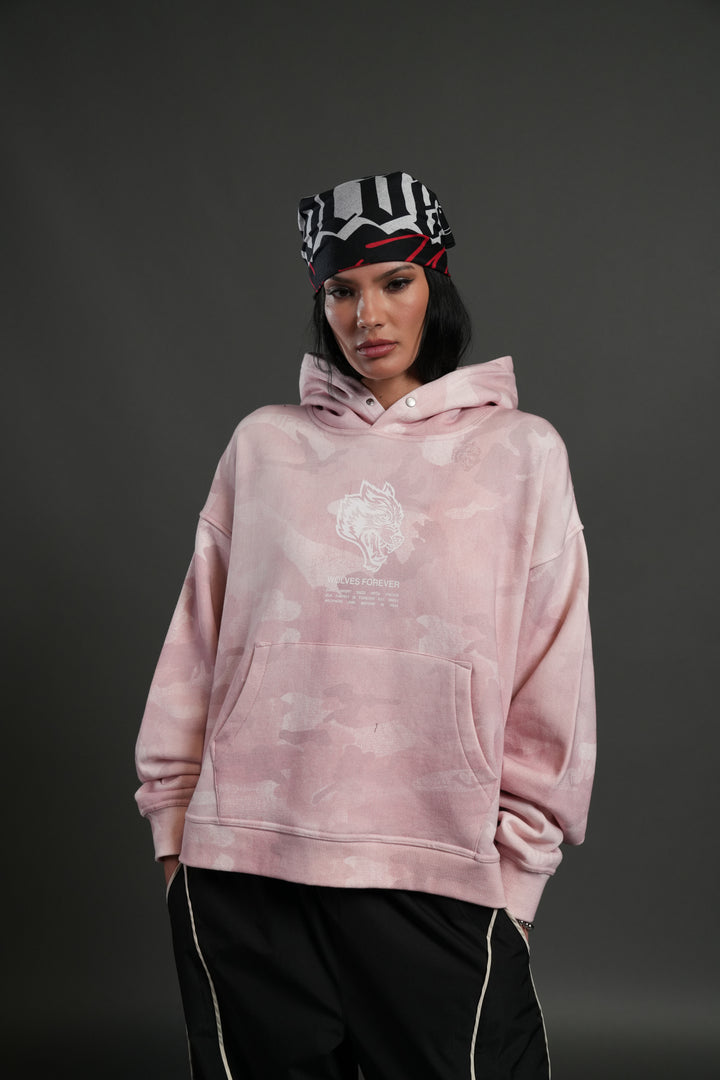 Wolves Have Your Back Unisex "Box Cut" Pierce Hoodie in Blush Vintage Woodland Camo