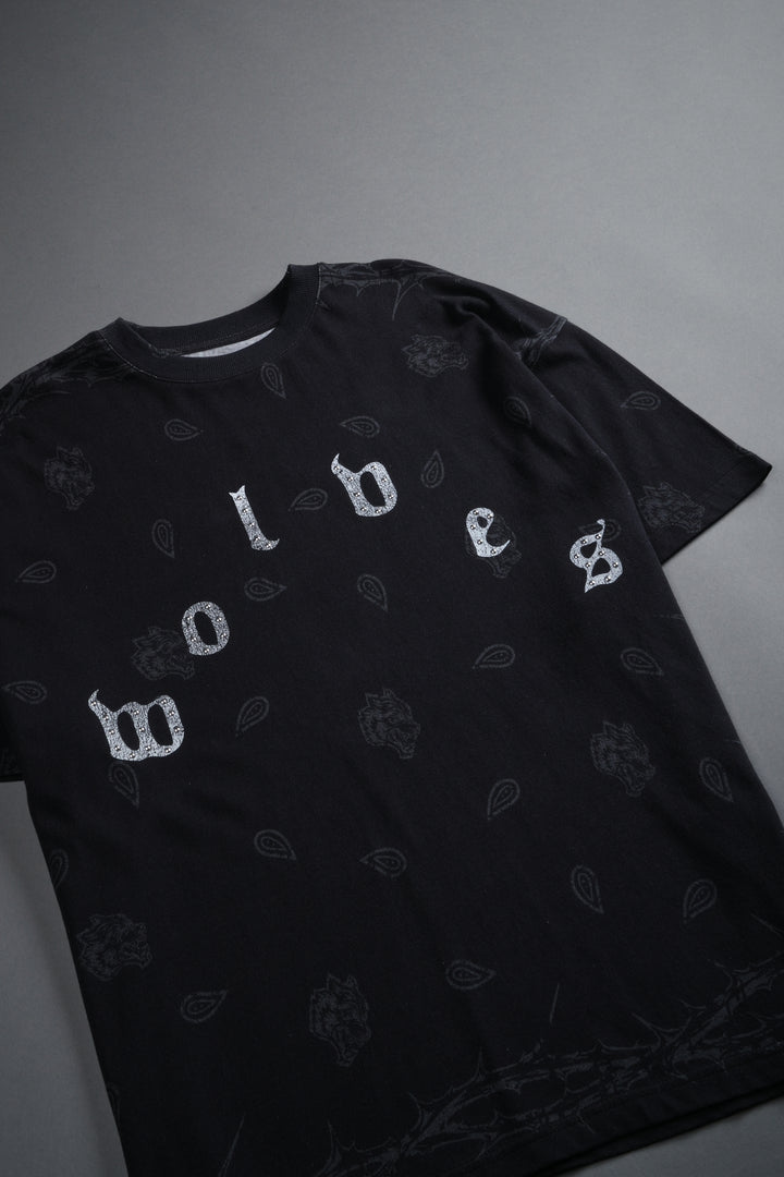 Studded Wolves Pyramid Premium Oversized Tee in Black Thorn Paisley