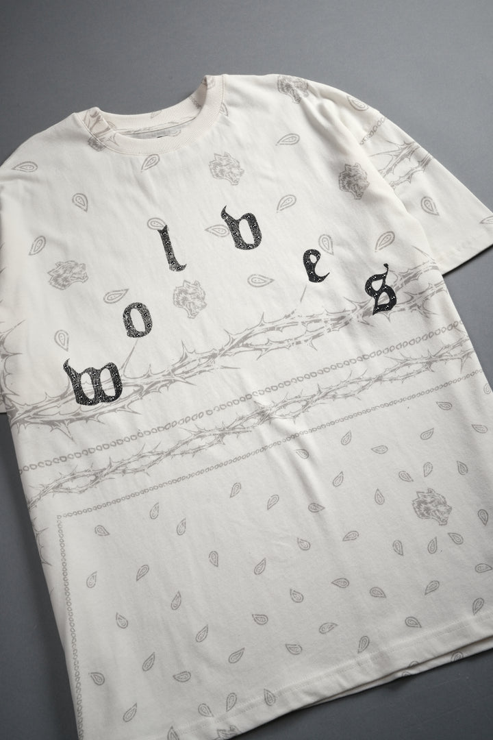 Studded Wolves Pyramid Premium Oversized Tee in Cream Thorn Paisley