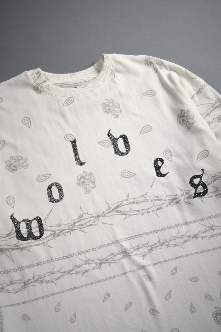 Studded Wolves Pyramid Premium Oversized Tee in Cream Thorn Paisley