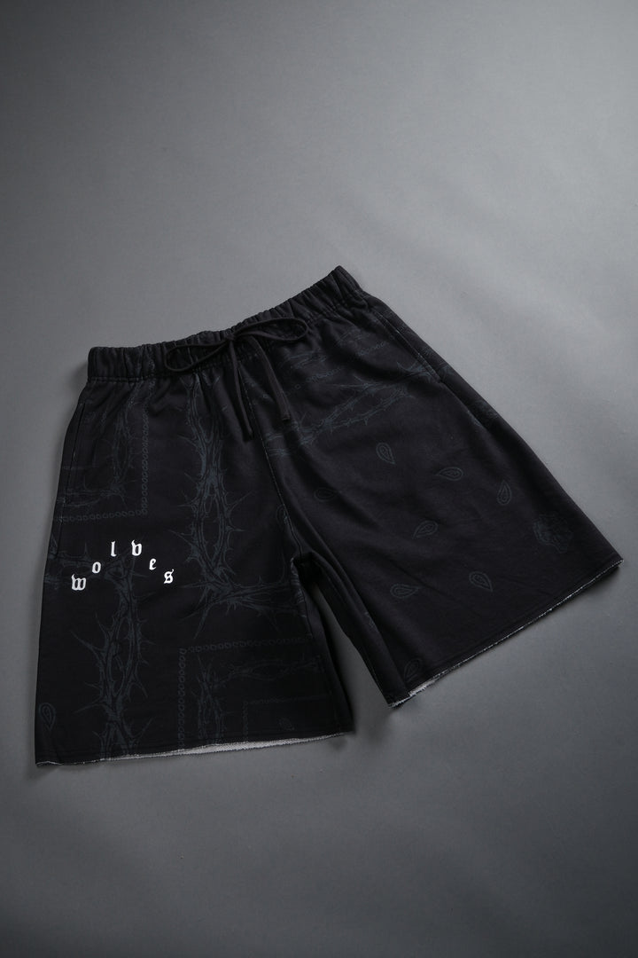 Wolves Pyramid Grunge Oversized Raw Hem Post Lounge Sweat Shorts in Black Thorn Paisley