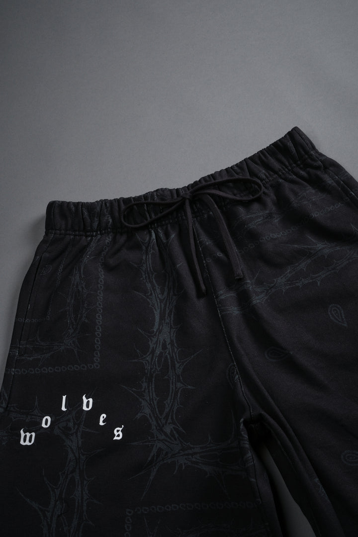 Wolves Pyramid Grunge Oversized Raw Hem Post Lounge Sweat Shorts in Black Thorn Paisley