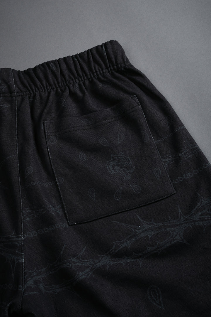 Wolves Pyramid Grunge Oversized Raw Hem Post Lounge Sweat Shorts in Black Thorn Paisley