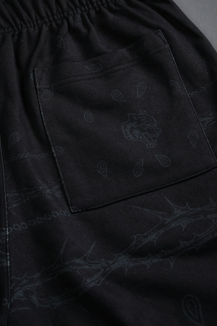 Wolves Pyramid Grunge Oversized Raw Hem Post Lounge Sweat Shorts in Black Thorn Paisley
