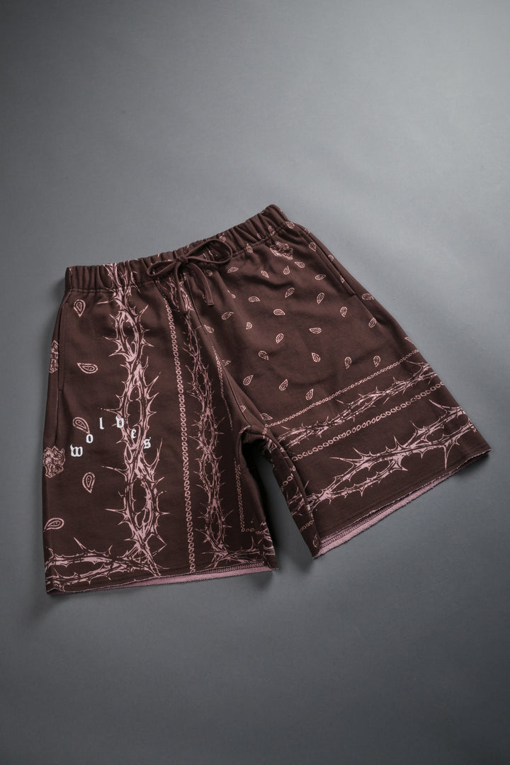 Wolves Pyramid Grunge Oversized Raw Hem Post Lounge Sweat Shorts in Desert Dust Thorn Paisley