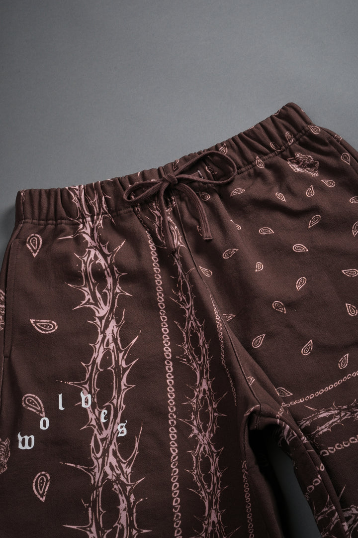 Wolves Pyramid Grunge Oversized Raw Hem Post Lounge Sweat Shorts in Desert Dust Thorn Paisley