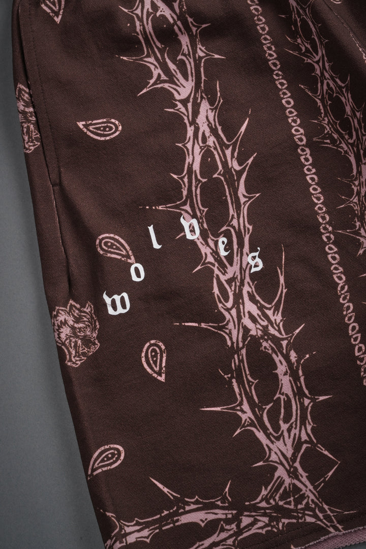 Wolves Pyramid Grunge Oversized Raw Hem Post Lounge Sweat Shorts in Desert Dust Thorn Paisley