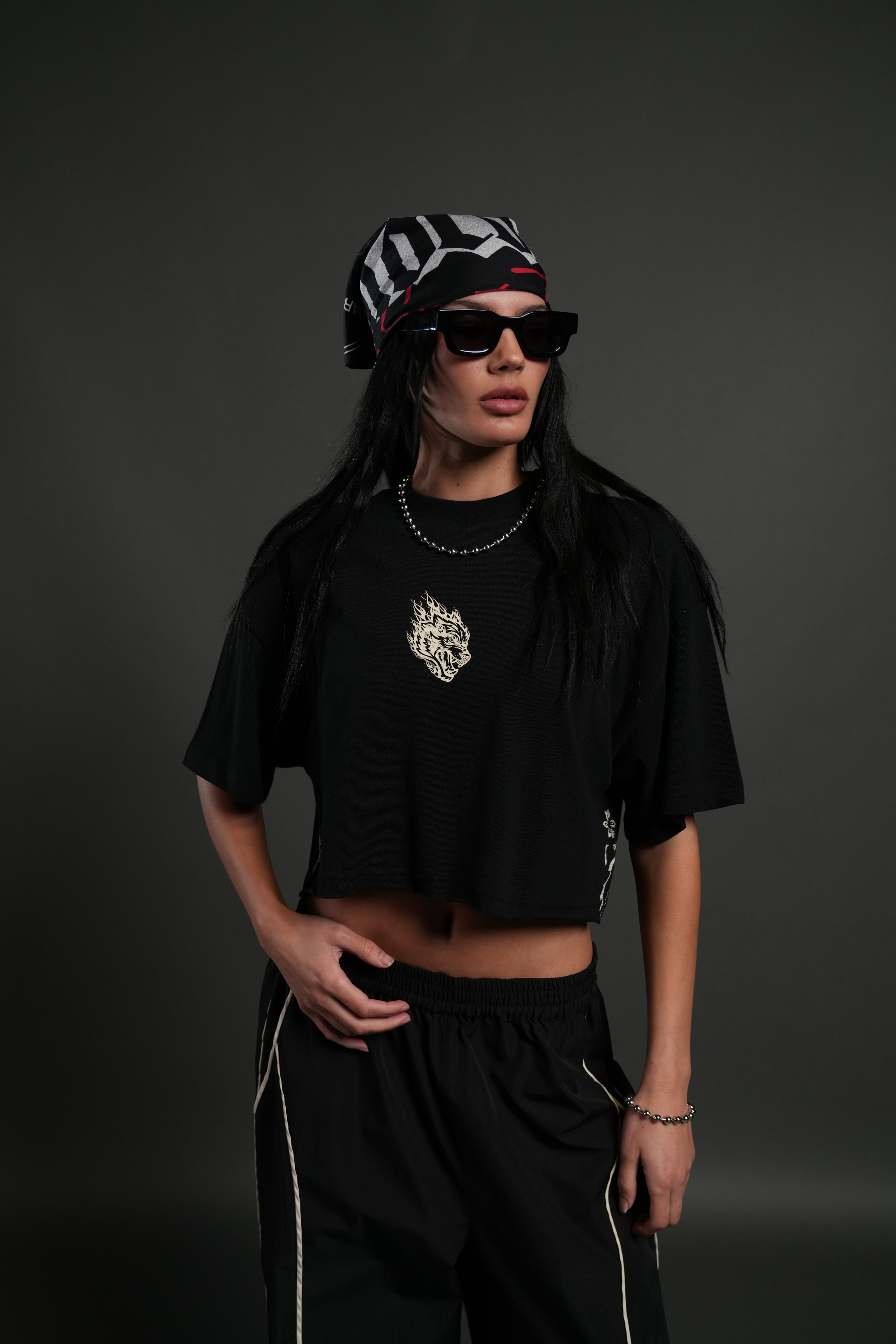 Faded Paisley Premium Oversized Cropped Tee in Black