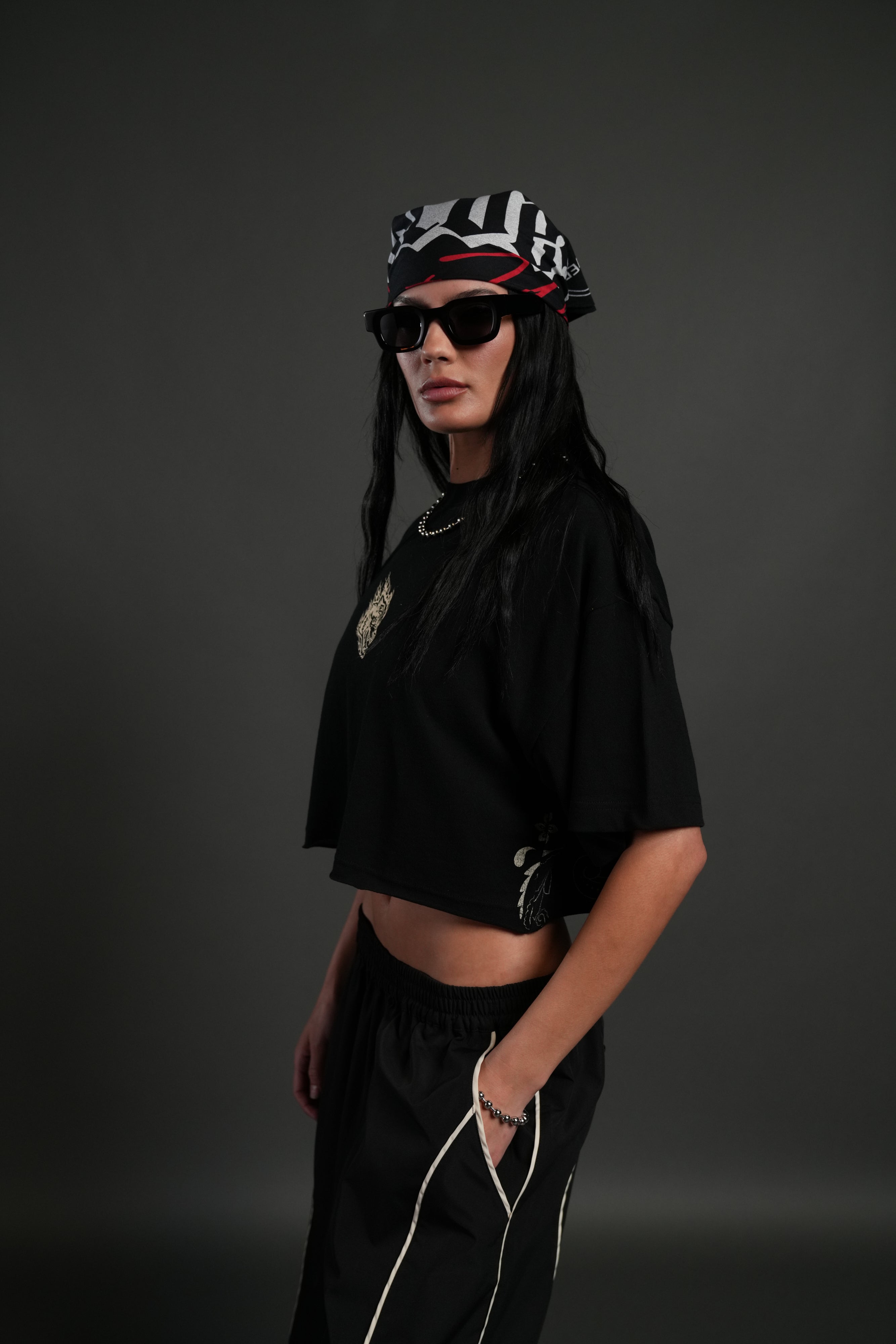 Faded Paisley Premium Oversized Cropped Tee in Black