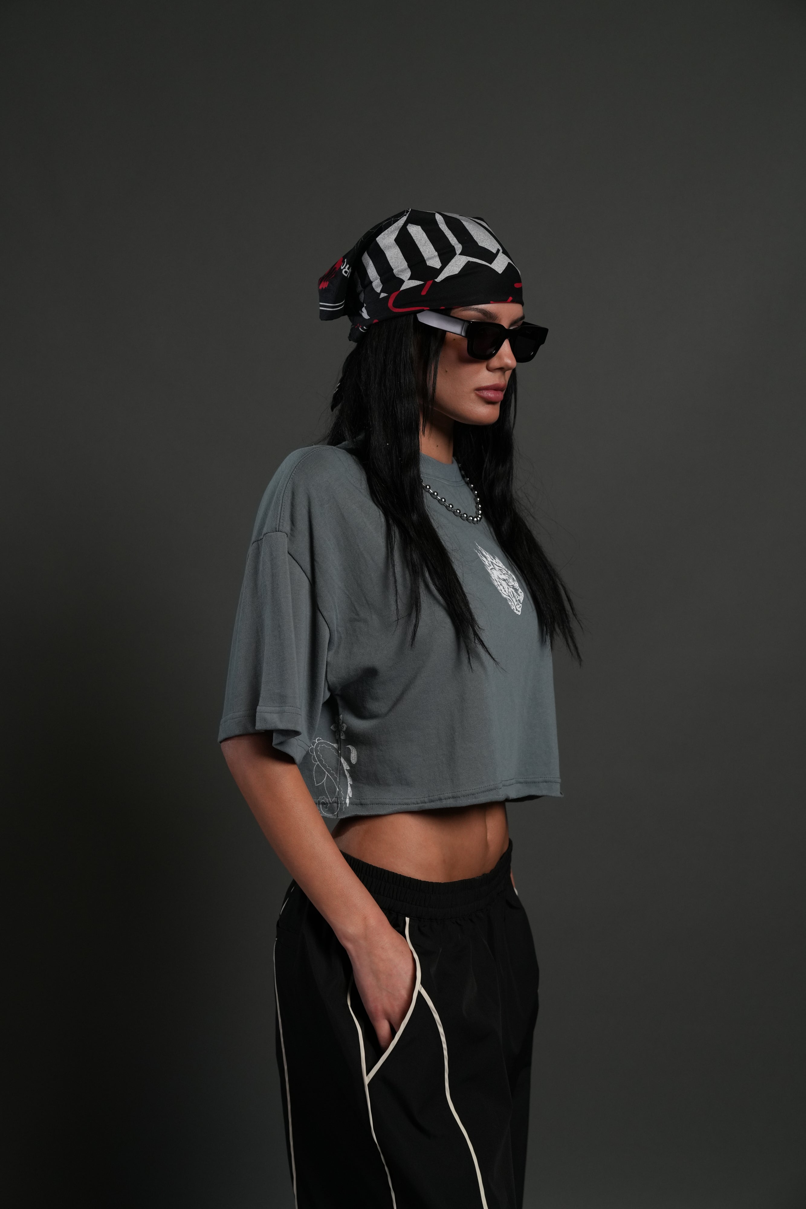 Faded Paisley Premium Oversized Cropped Tee in Greek Stone