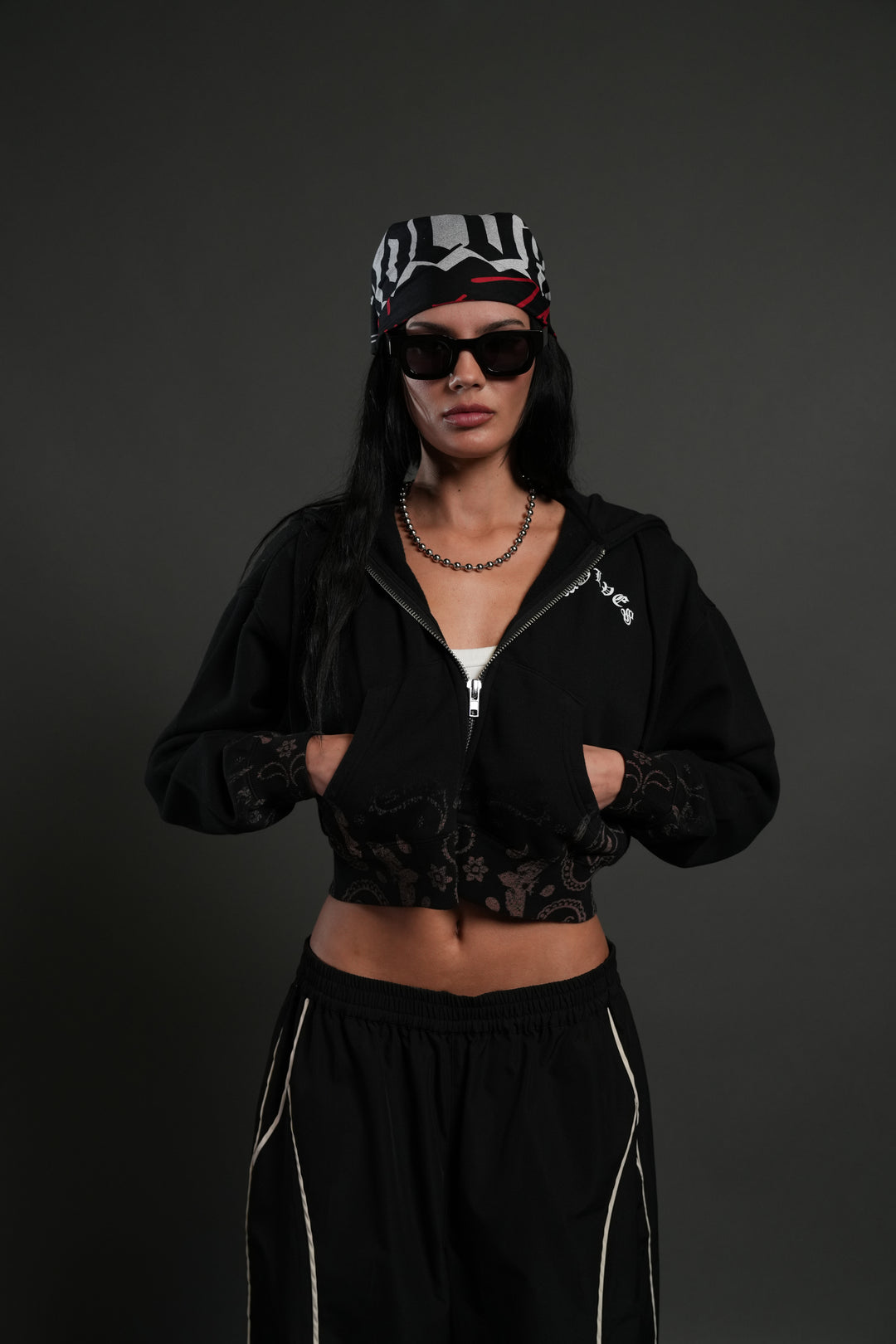 Faded Paisley "Sage" Cropped Zip Hoodie in Black