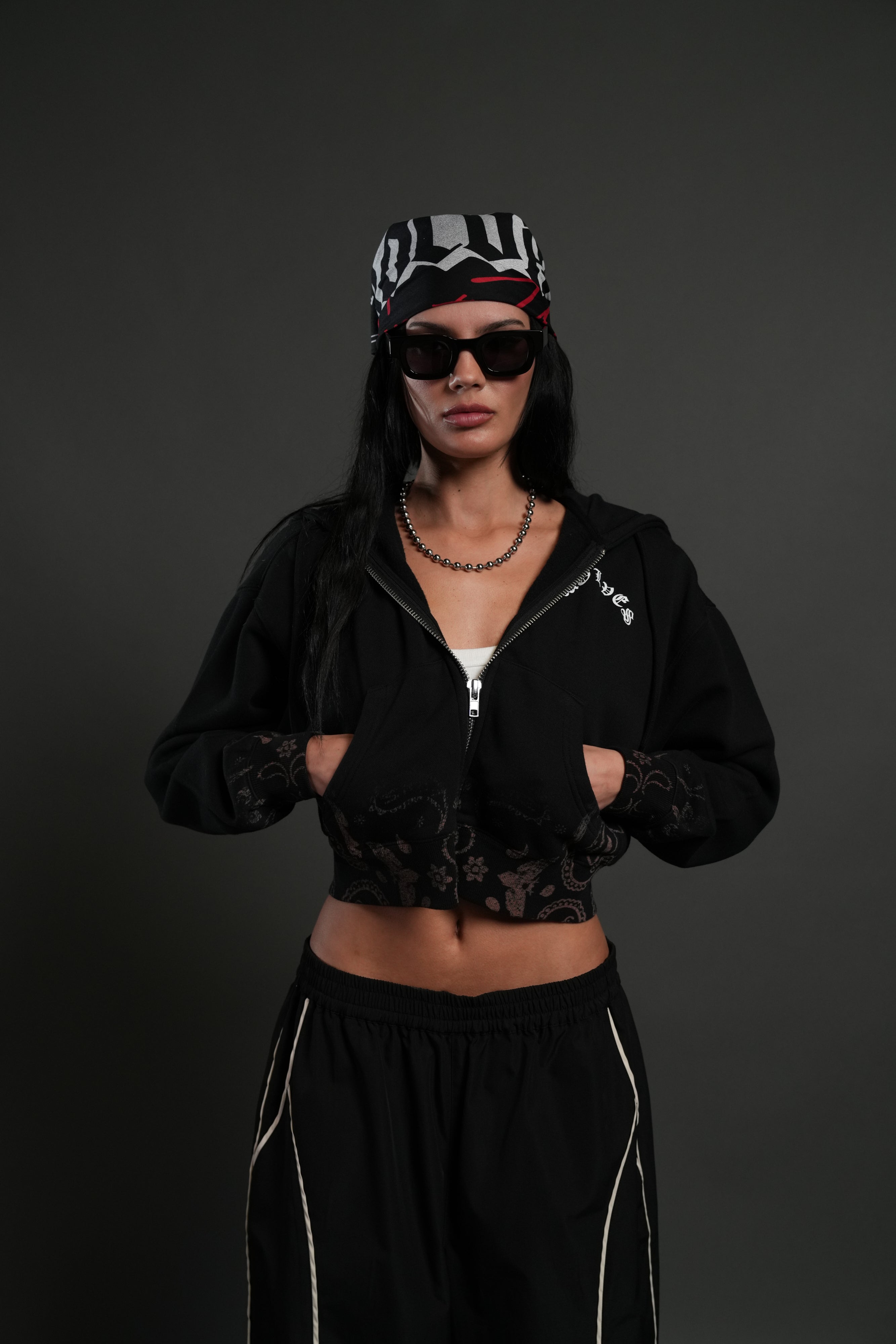 Faded Paisley "Sage" Cropped Zip Hoodie in Black