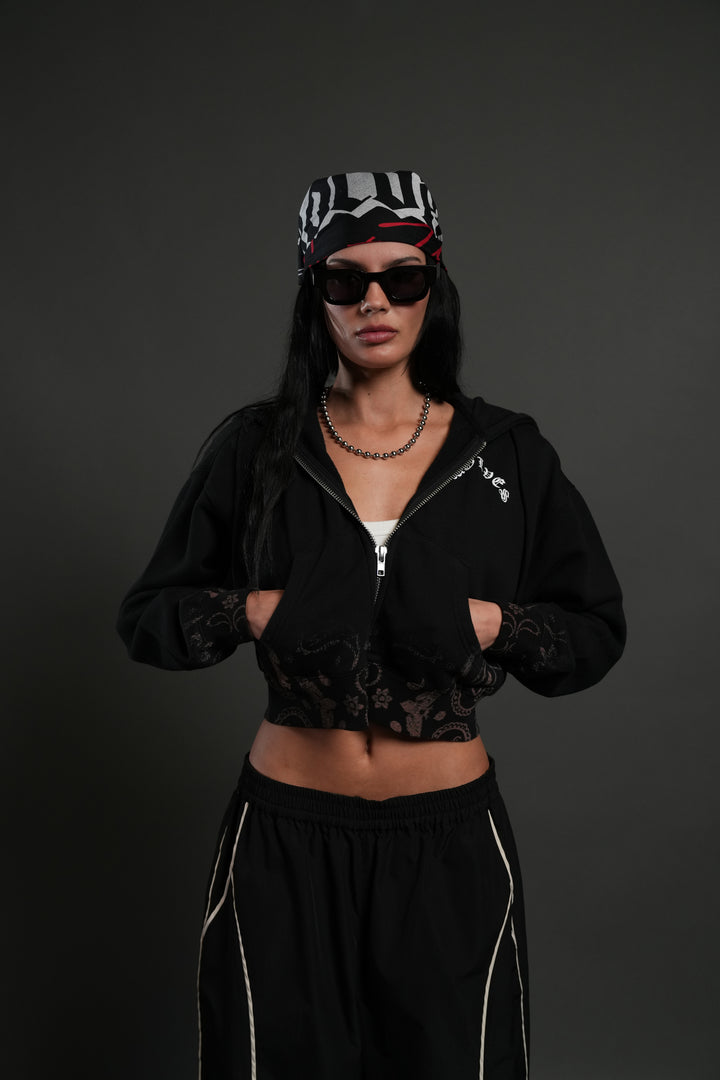 Faded Paisley "Sage" Cropped Zip Hoodie in Black