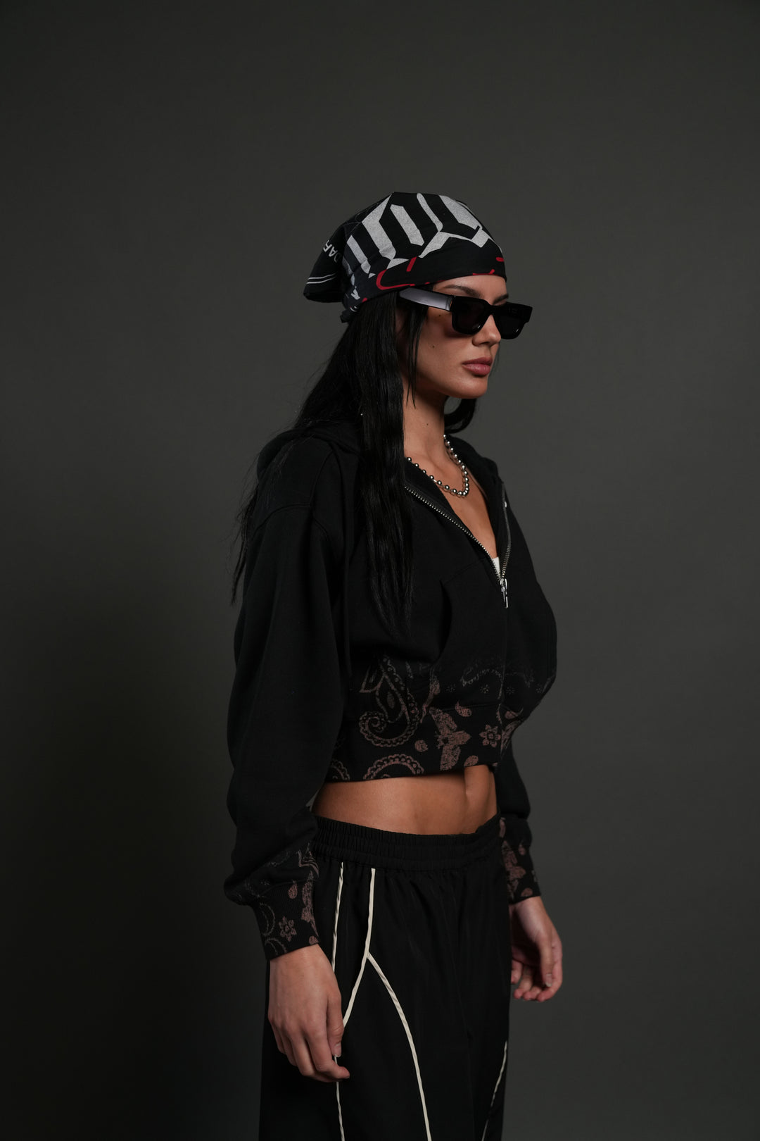 Faded Paisley "Sage" Cropped Zip Hoodie in Black