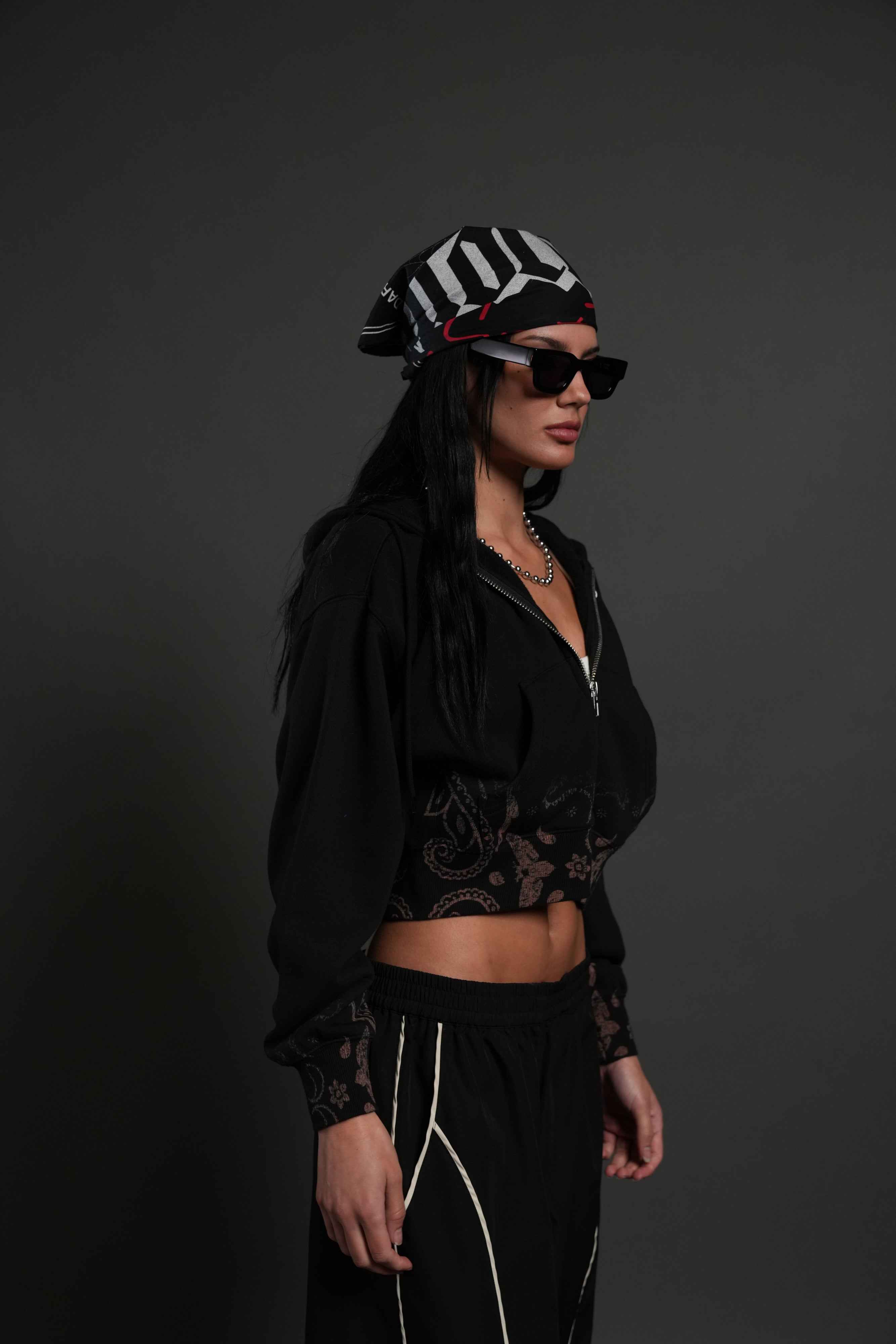 Faded Paisley "Sage" Cropped Zip Hoodie in Black