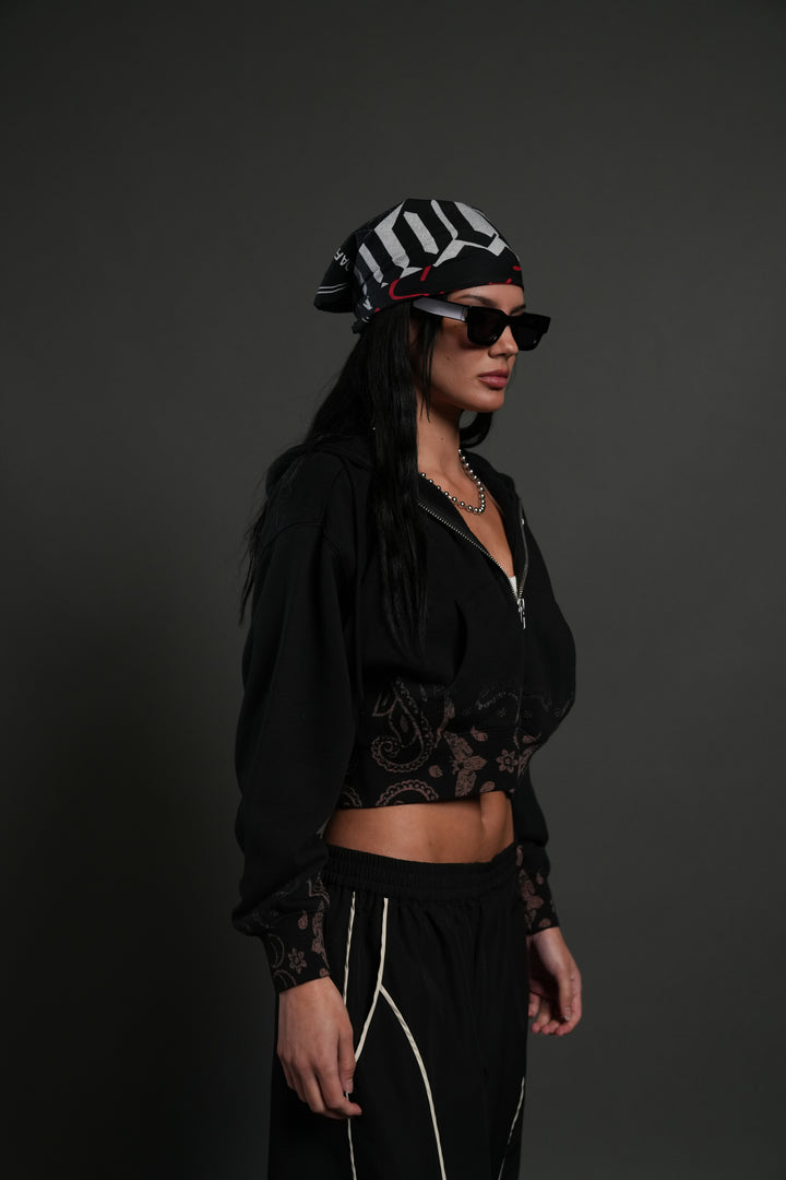 Faded Paisley "Sage" Cropped Zip Hoodie in Black