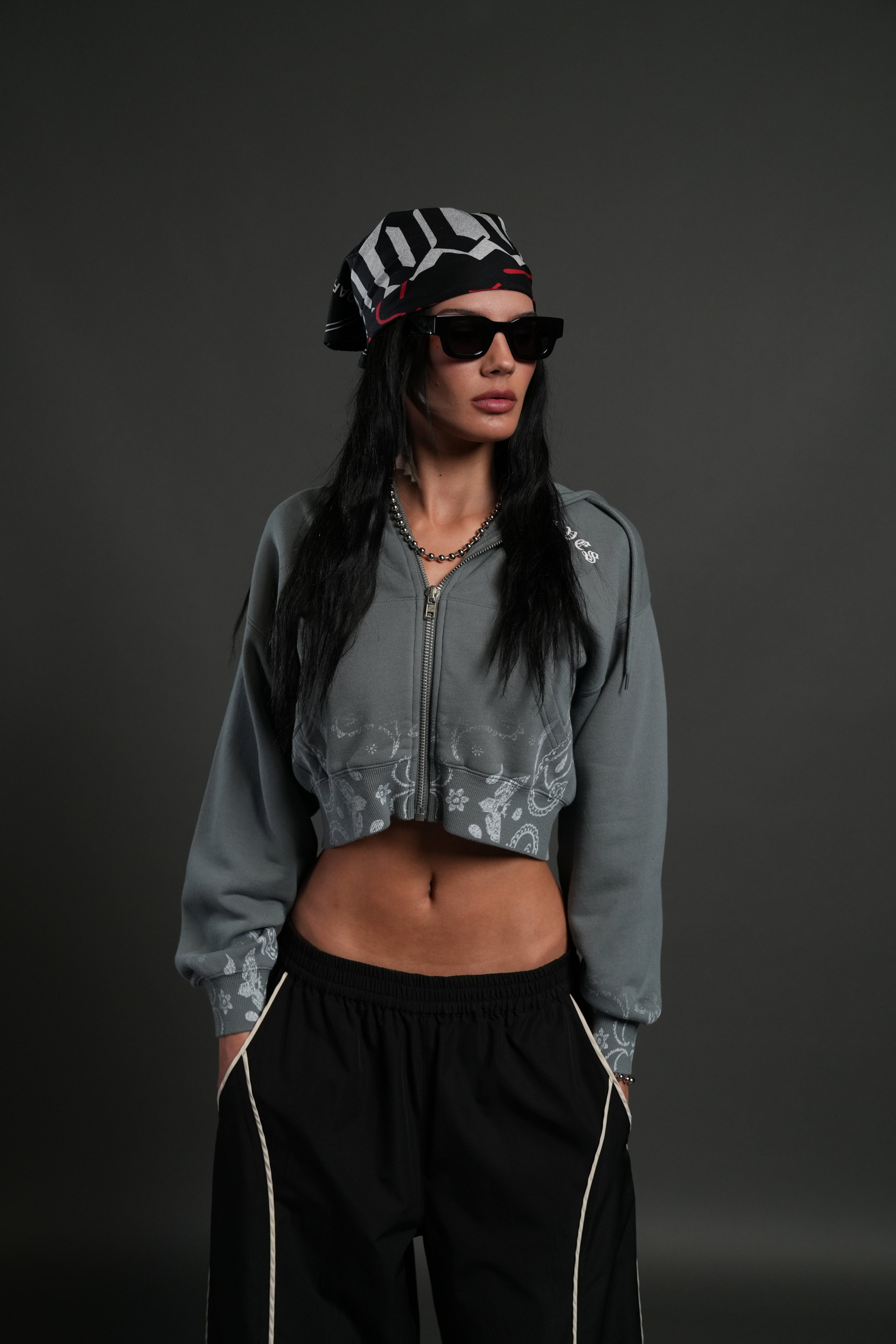 Faded Paisley "Sage" Cropped Zip Hoodie in Greek Stone