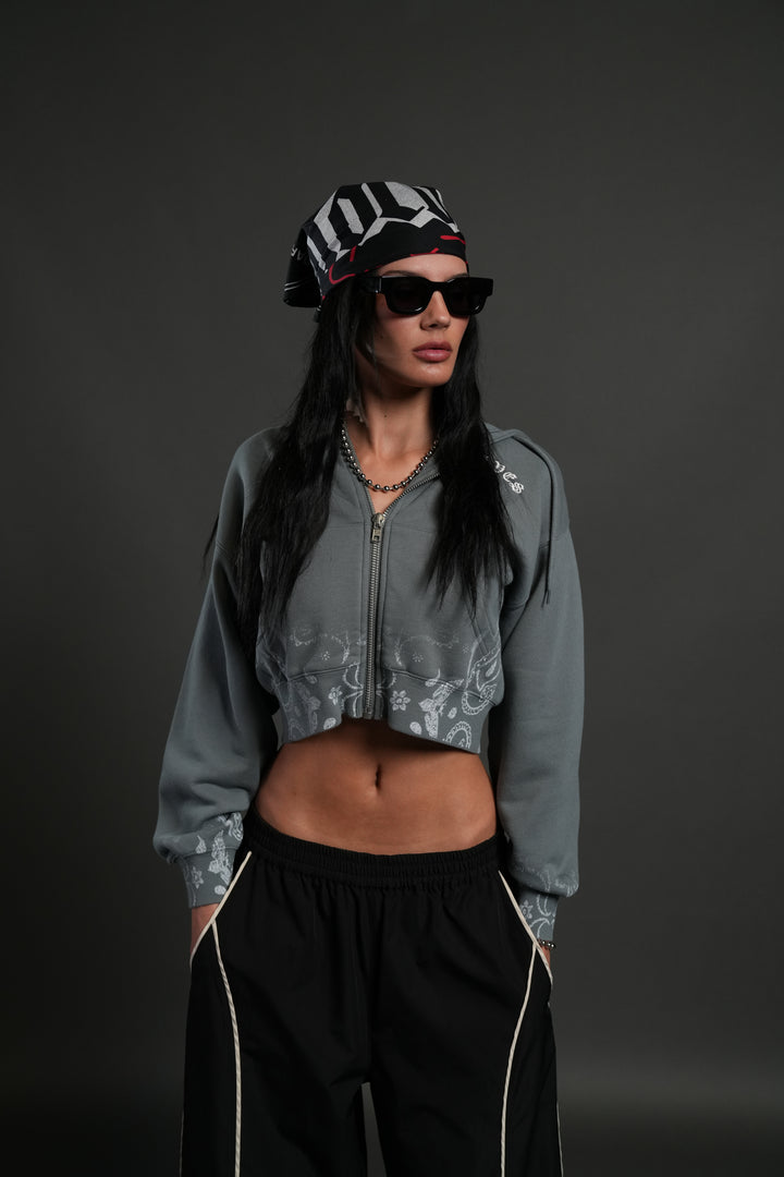 Faded Paisley "Sage" Cropped Zip Hoodie in Greek Stone