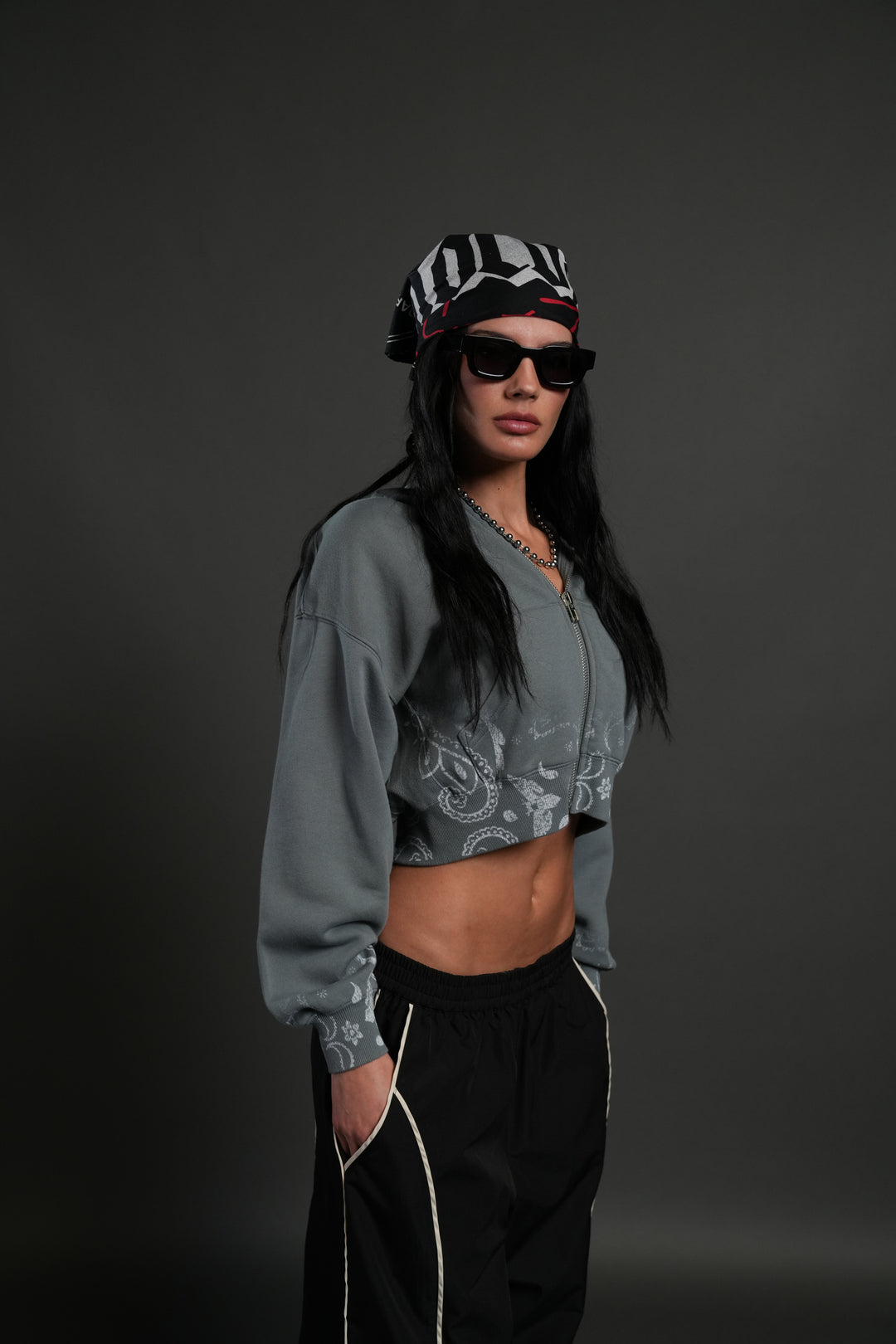 Faded Paisley "Sage" Cropped Zip Hoodie in Greek Stone