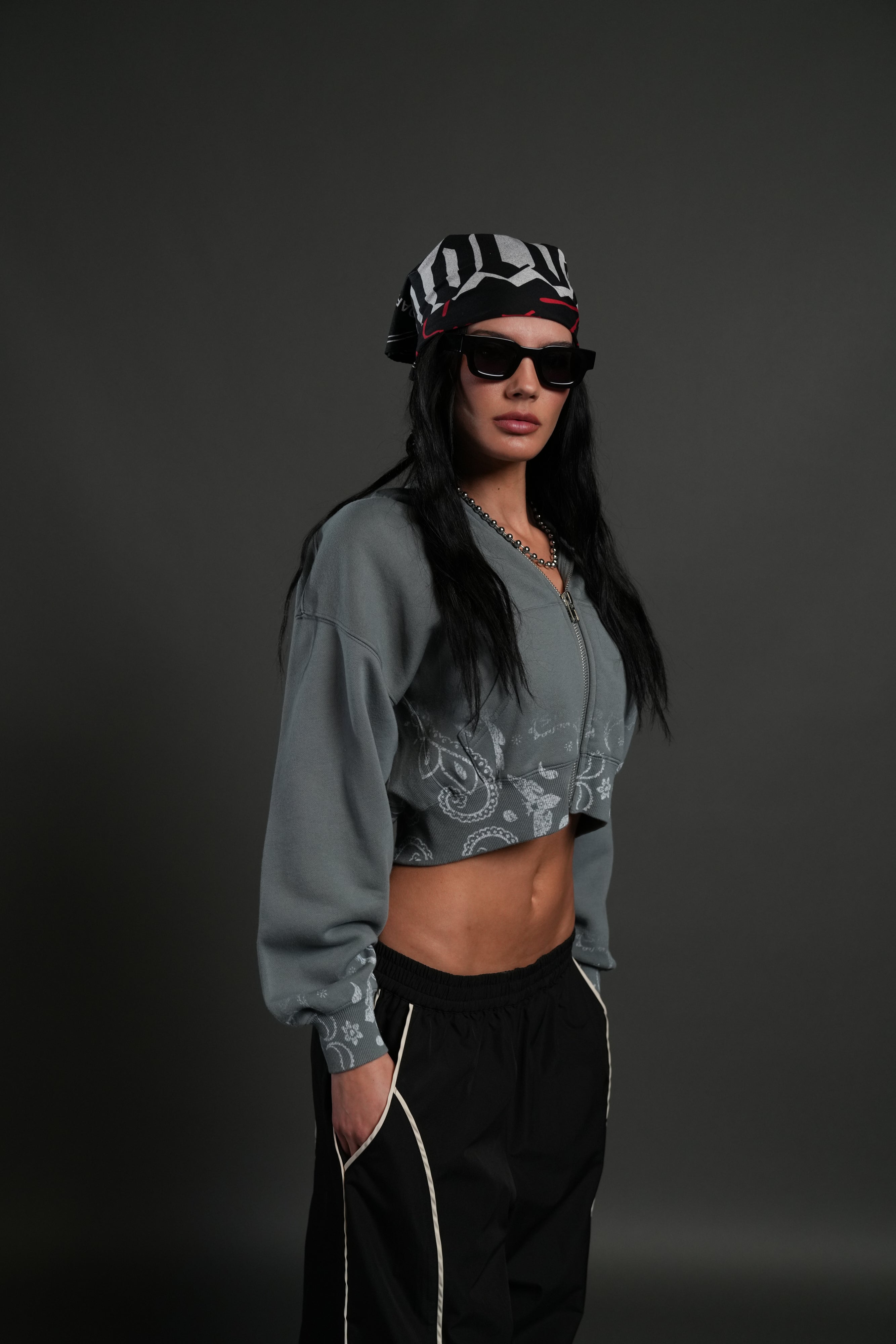 Faded Paisley "Sage" Cropped Zip Hoodie in Greek Stone