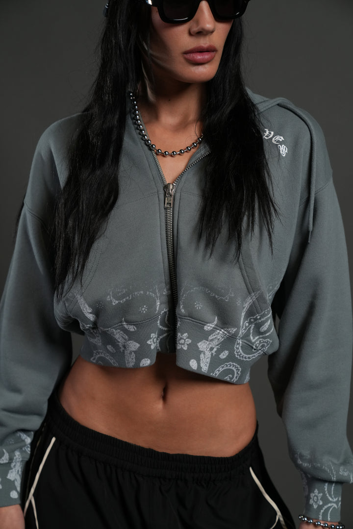 Faded Paisley "Sage" Cropped Zip Hoodie in Greek Stone
