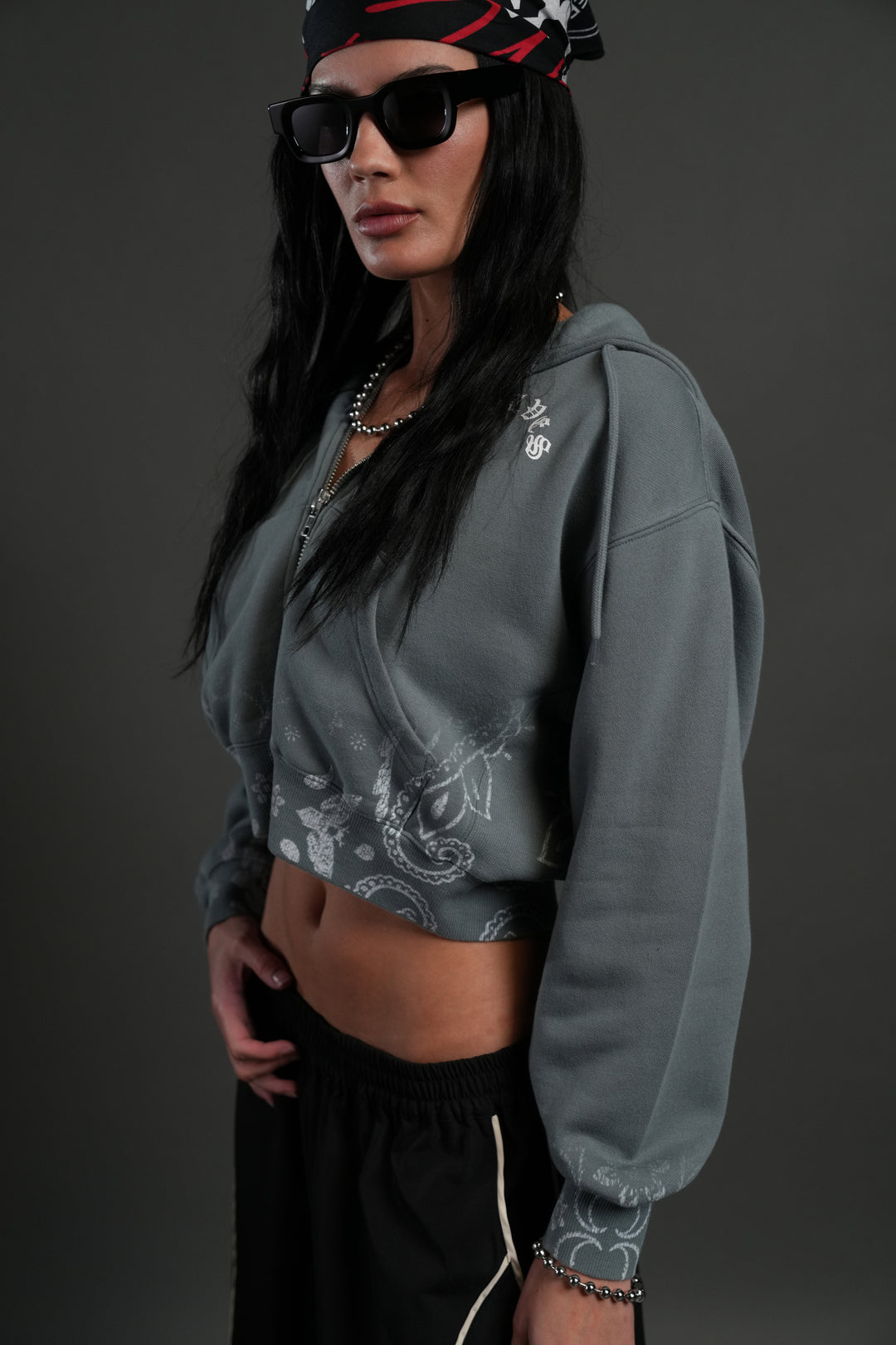 Faded Paisley "Sage" Cropped Zip Hoodie in Greek Stone