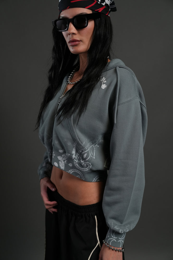 Faded Paisley "Sage" Cropped Zip Hoodie in Greek Stone