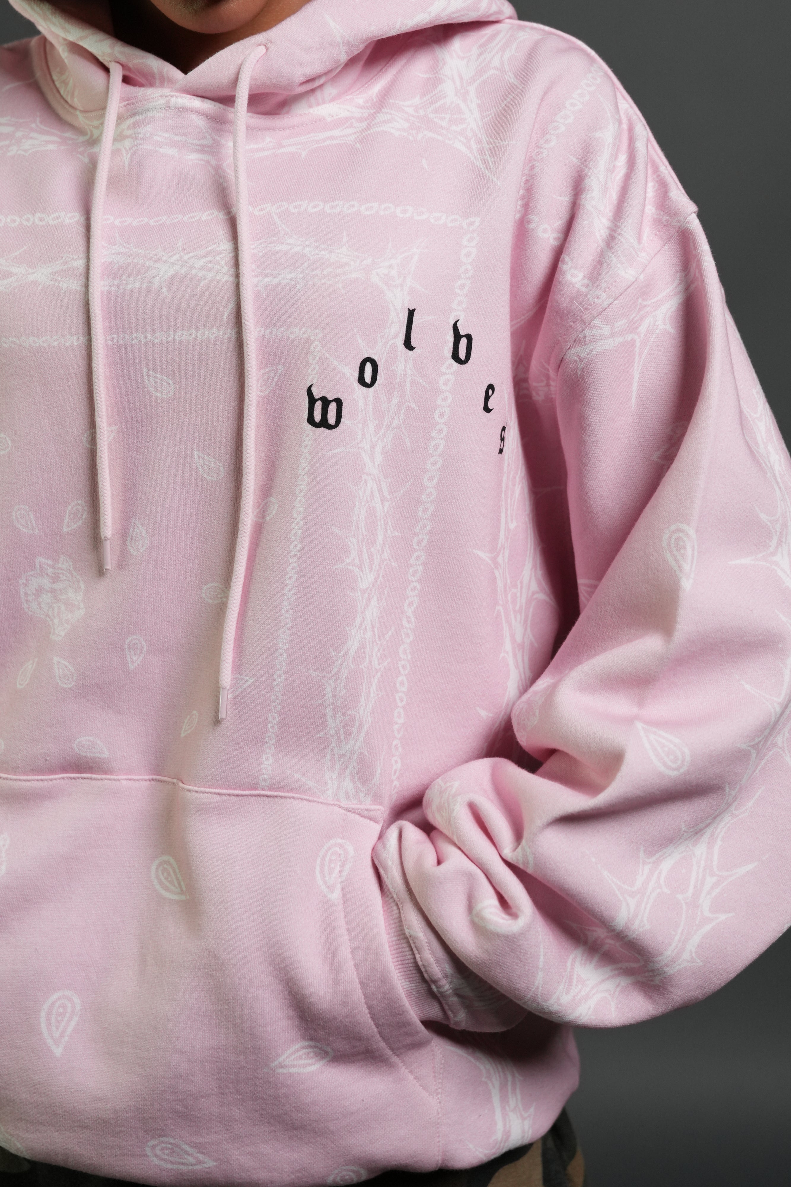 Wolves Pyramid "Bishop" Hoodie in Blush Pink Thorn Paisley