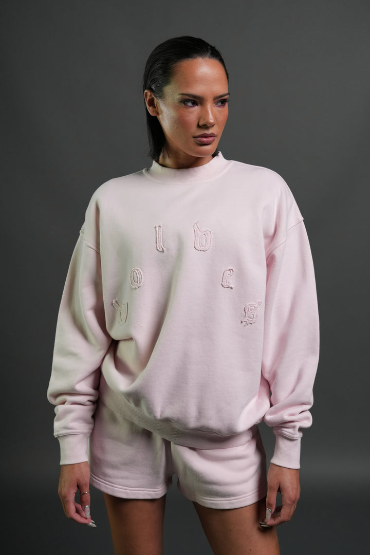 Pyramid Wolves Applique London Crewneck in Blush Pink