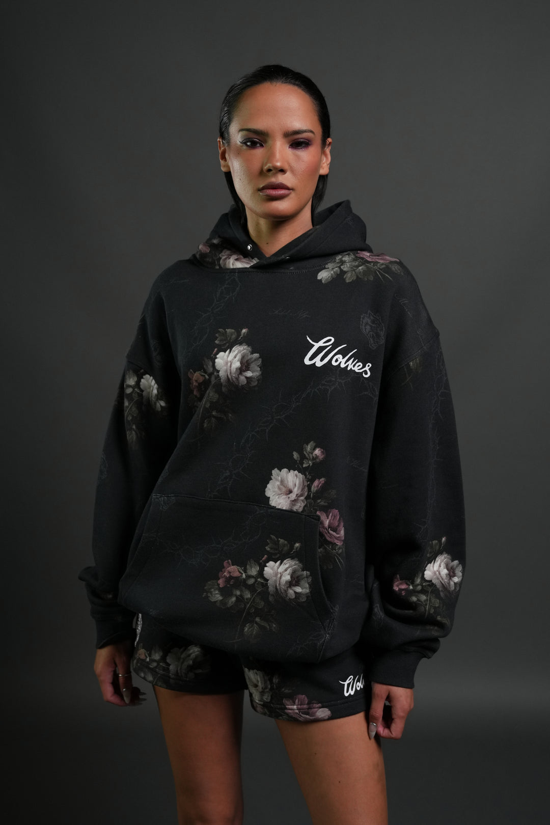 Wolves Script "Pierce" Hoodie in Black Rose Thorn