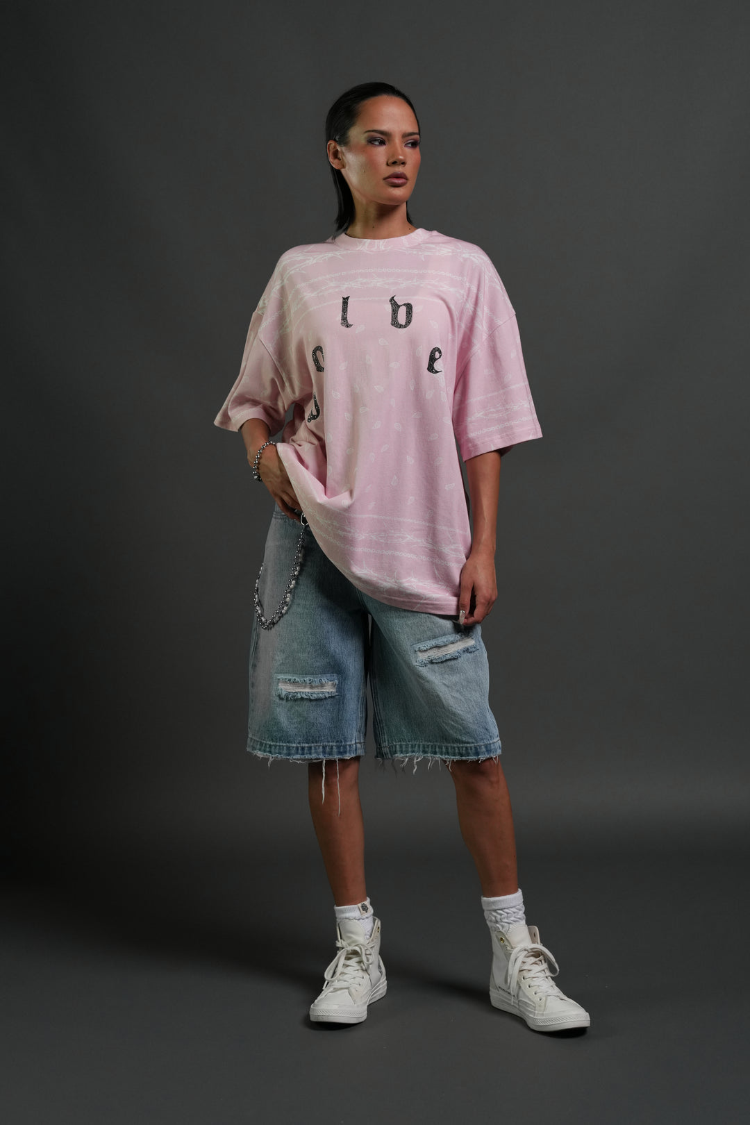 Studded Wolves Pyramid Premium Oversized Tee in Blush Pink Thorn Paisley
