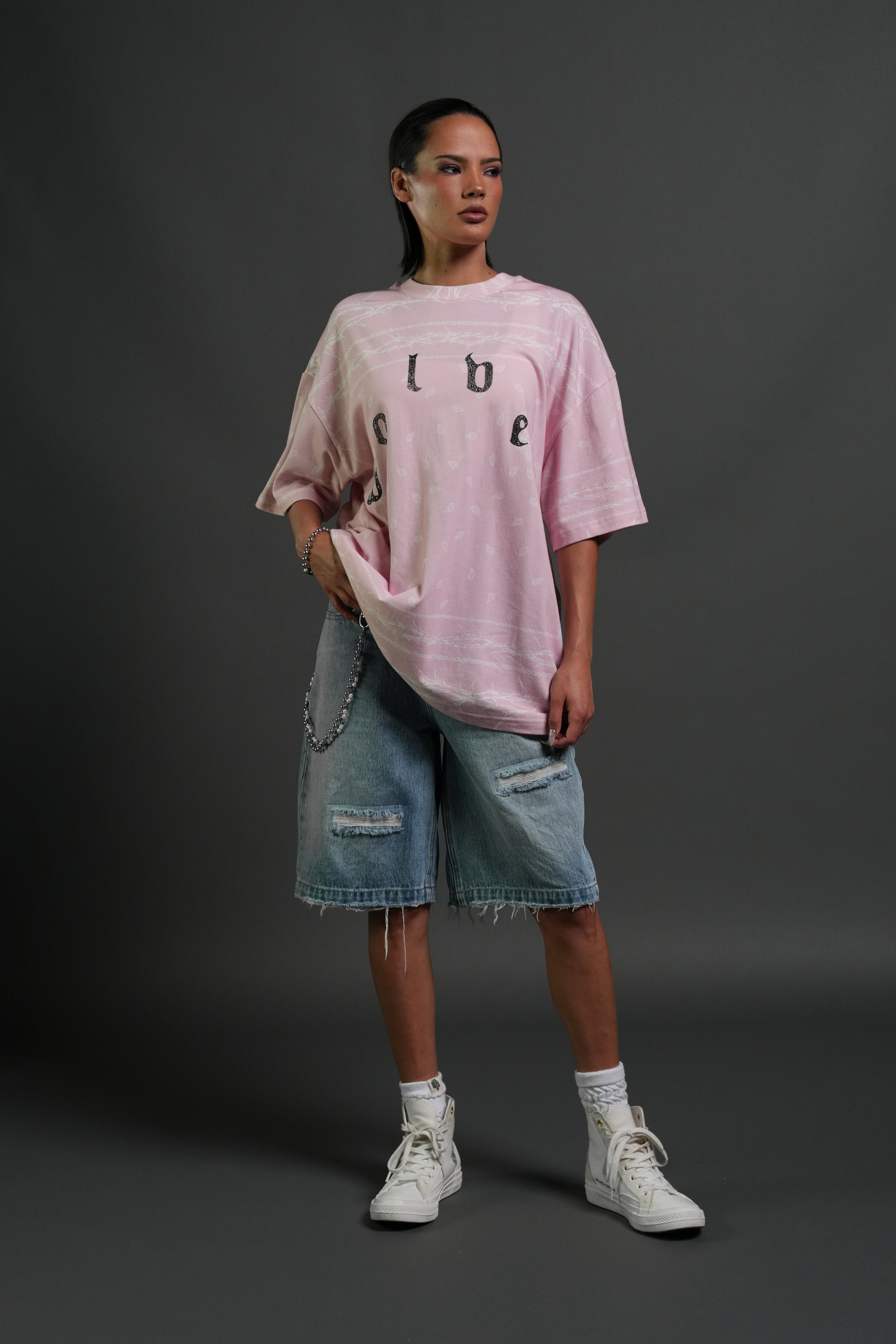 Studded Wolves Pyramid Premium Oversized Tee in Blush Pink Thorn Paisley
